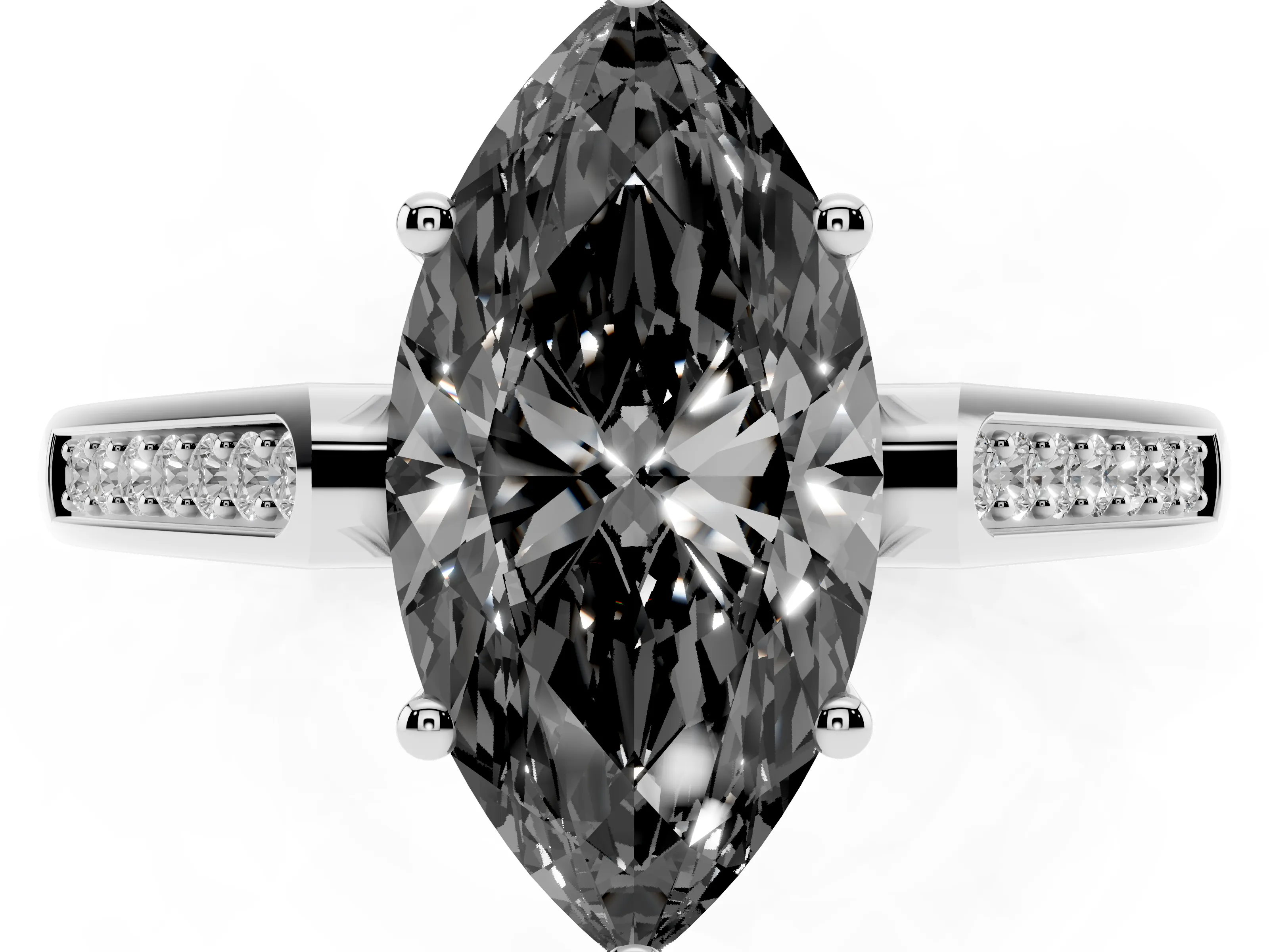 Fancy Black Marquise Cut Diamond Solitaire Cathedral Engagement Ring Set in White gold with Channel-Set Band and Prong Setting