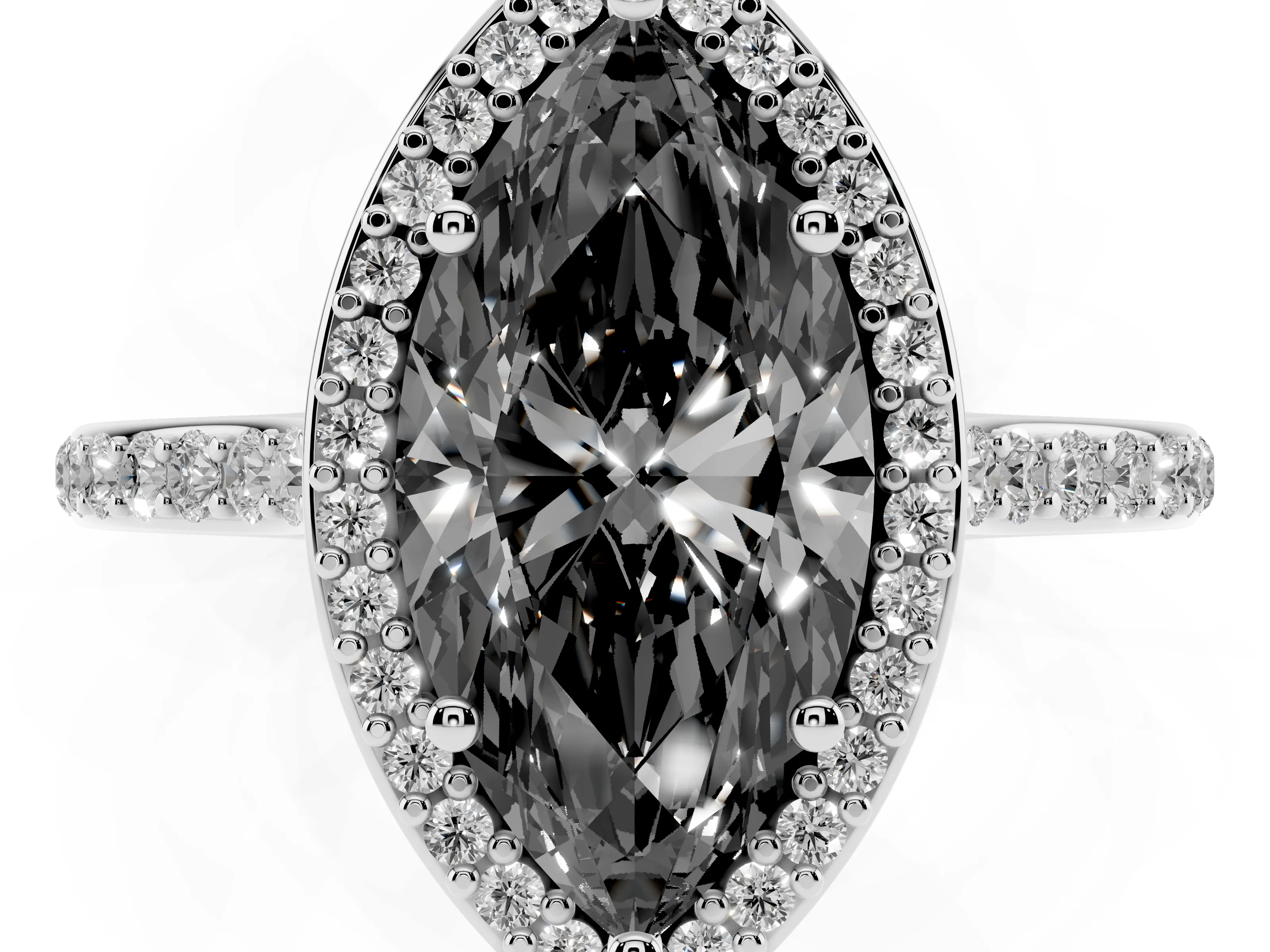 Fancy Black Marquise Cut Diamond Halo Engagement Ring Set in White gold with Round Pavé Shoulders and Heart Gallery