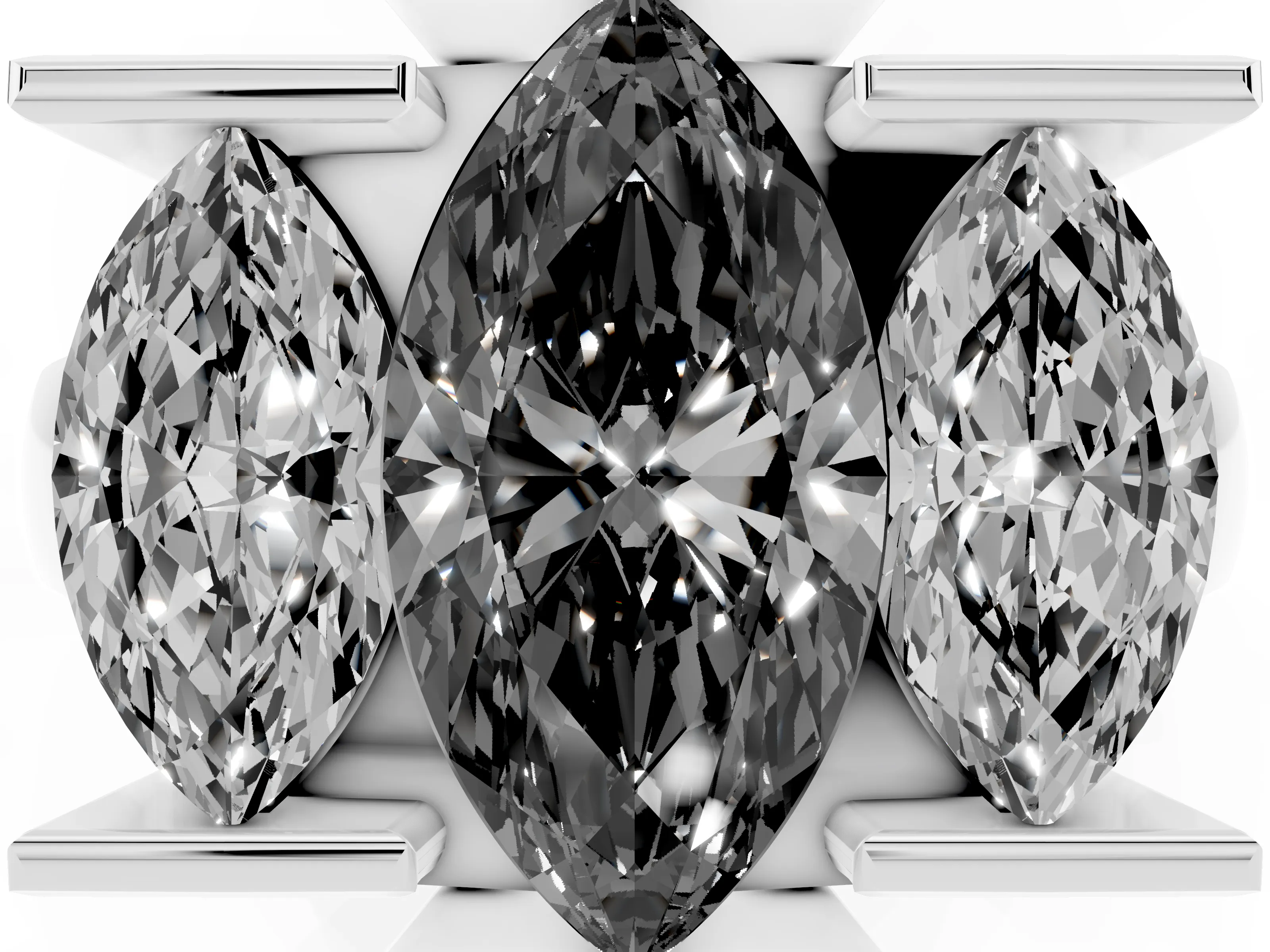 Fancy Black Marquise Cut Diamond Three-Stone Channel Set Ring Set in Platinum with Smooth Polished Band