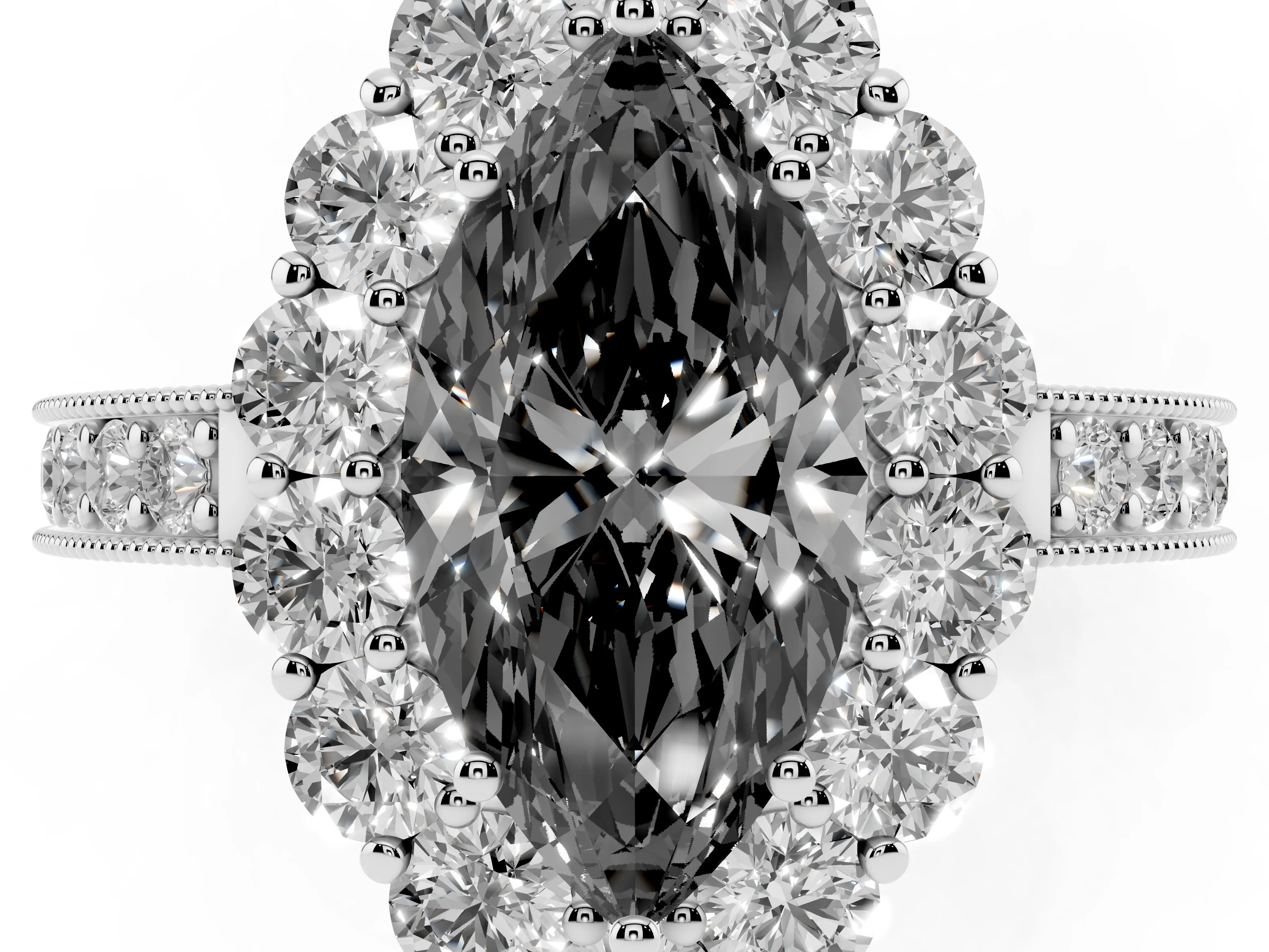 Fancy Black Marquise Cut Diamond Halo Pavé Engagement Ring Set in White gold with Milgrain Detailing