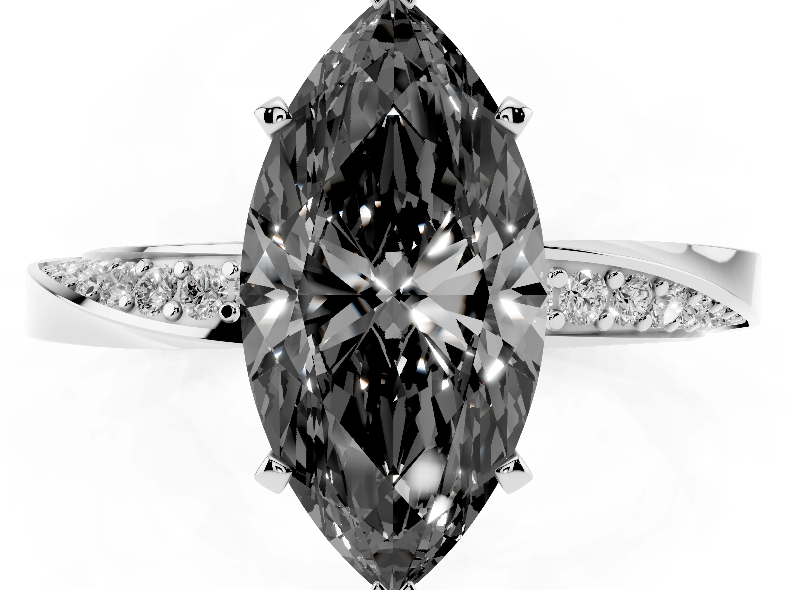 Fancy Black Marquise Cut Diamond Engagement Ring Set in Platinum with Side Stone Accents and Prong Setting