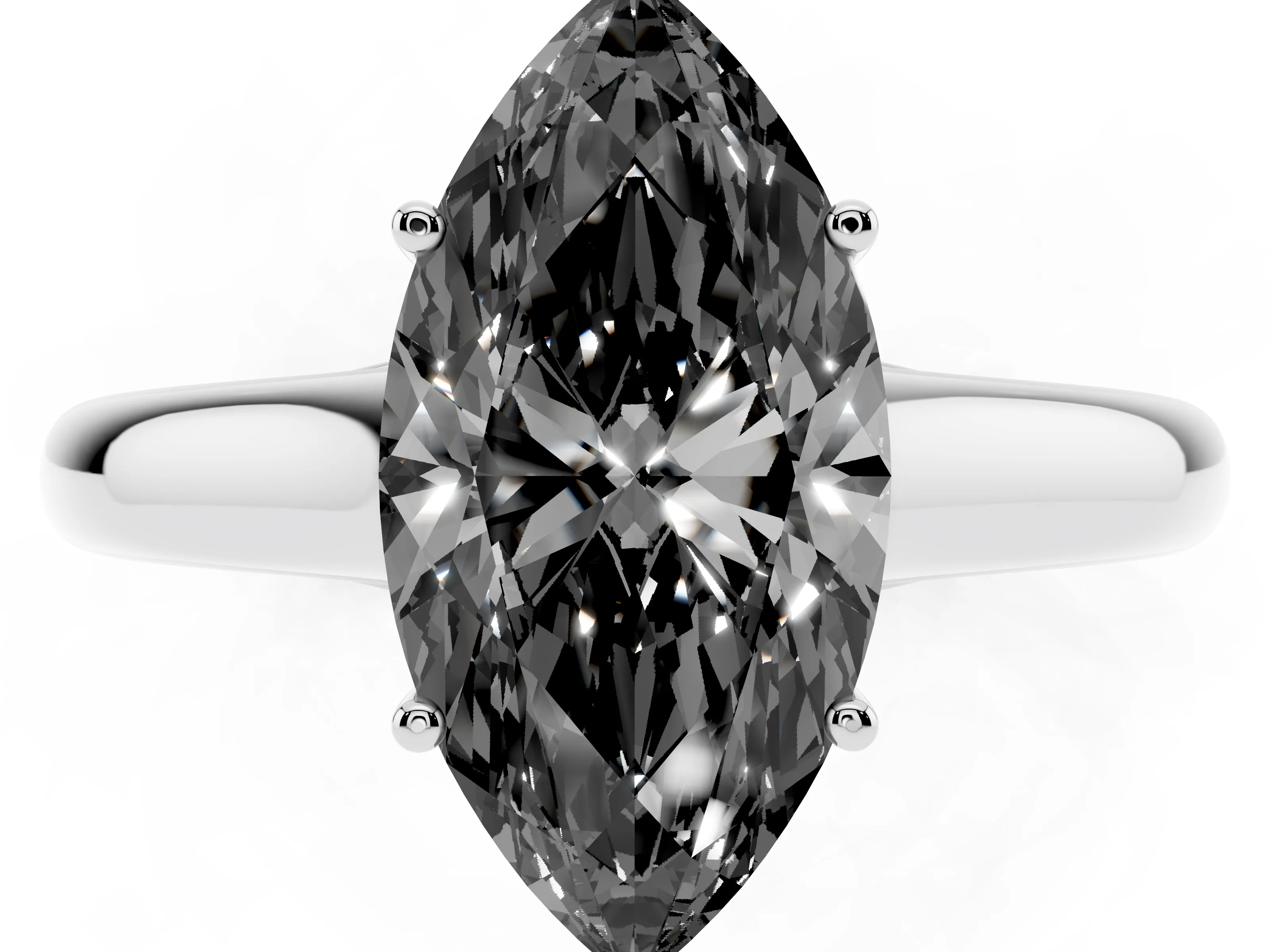 Fancy Black Marquise Cut Diamond Solitaire Engagement Ring Set in White gold with Subtly Tapered Band and Prong Setting