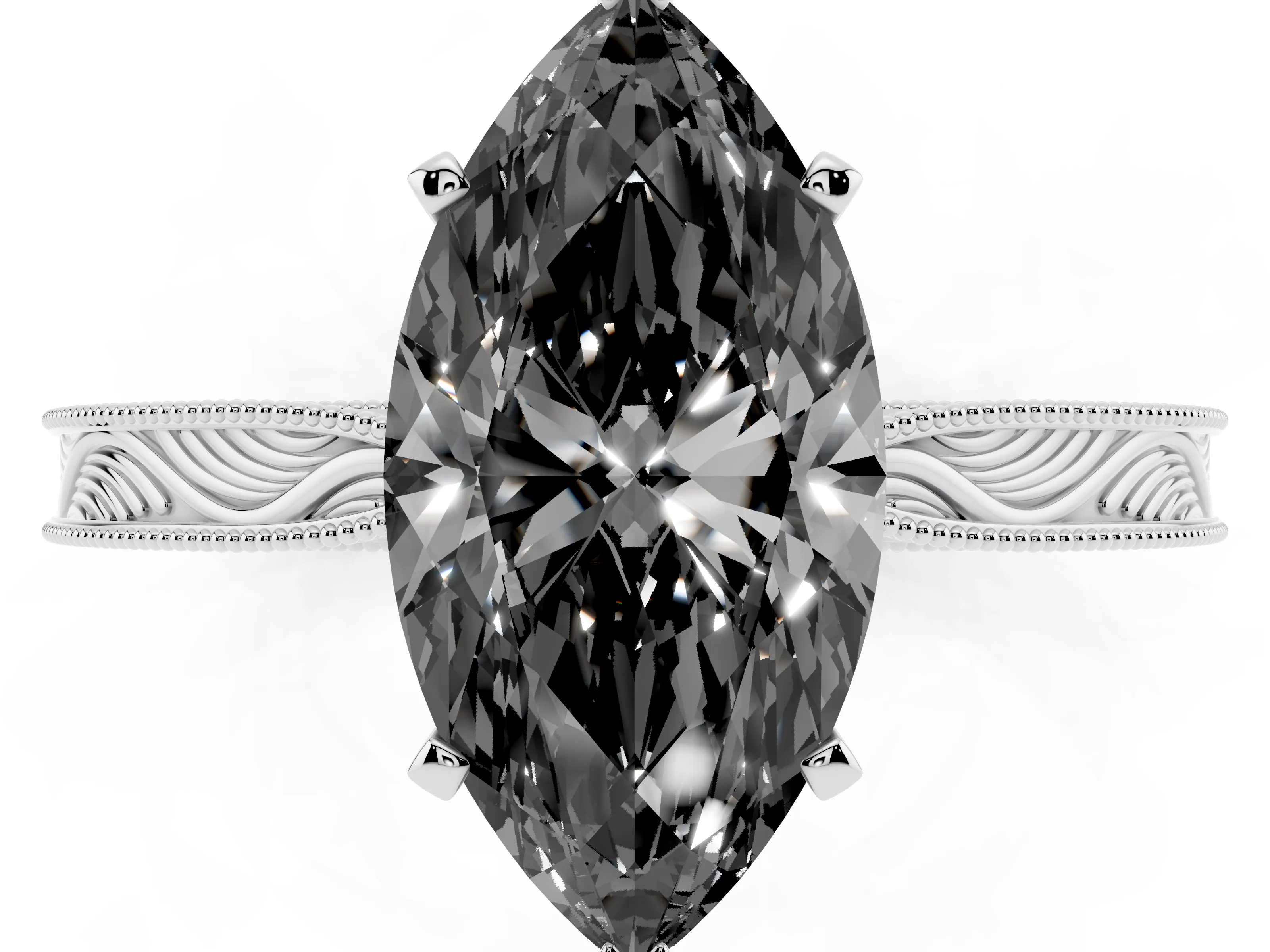 Fancy Black Marquise Cut Diamond Solitaire Milgrain Engraved Band Set in White gold with Prong Setting