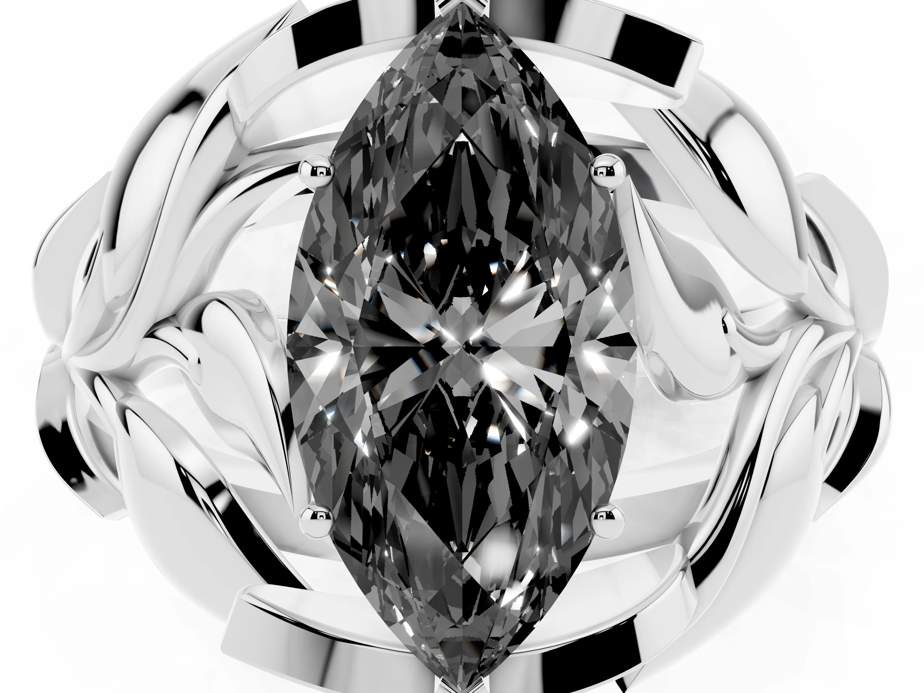 Fancy Black Marquise Cut Diamond Leaf-Inspired Engagement Ring Set in Silver with Round Accents