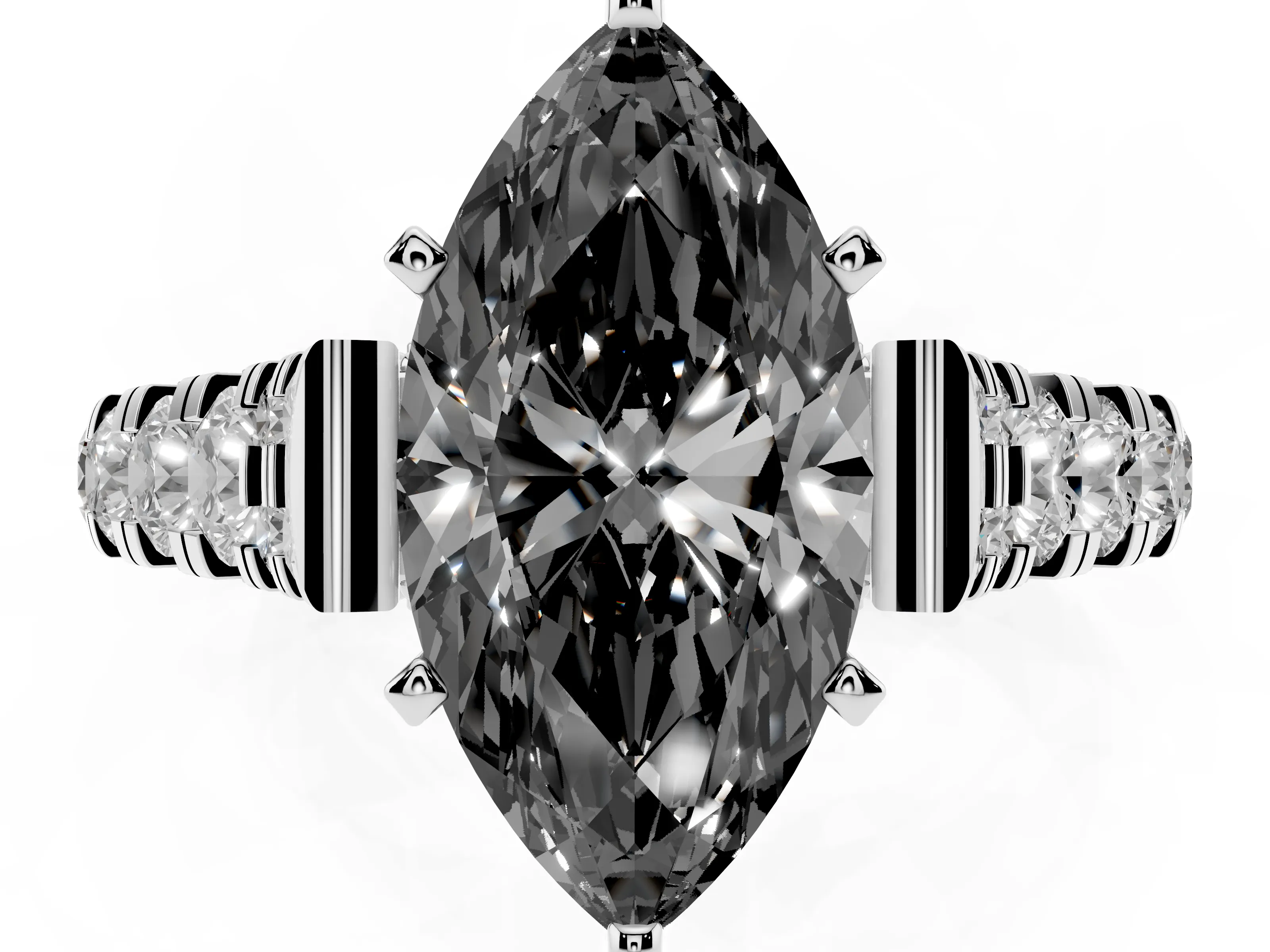 Fancy Black Marquise Cut Diamond Classic Solitaire Ring Set in Silver with Pavé Band and Prong Setting
