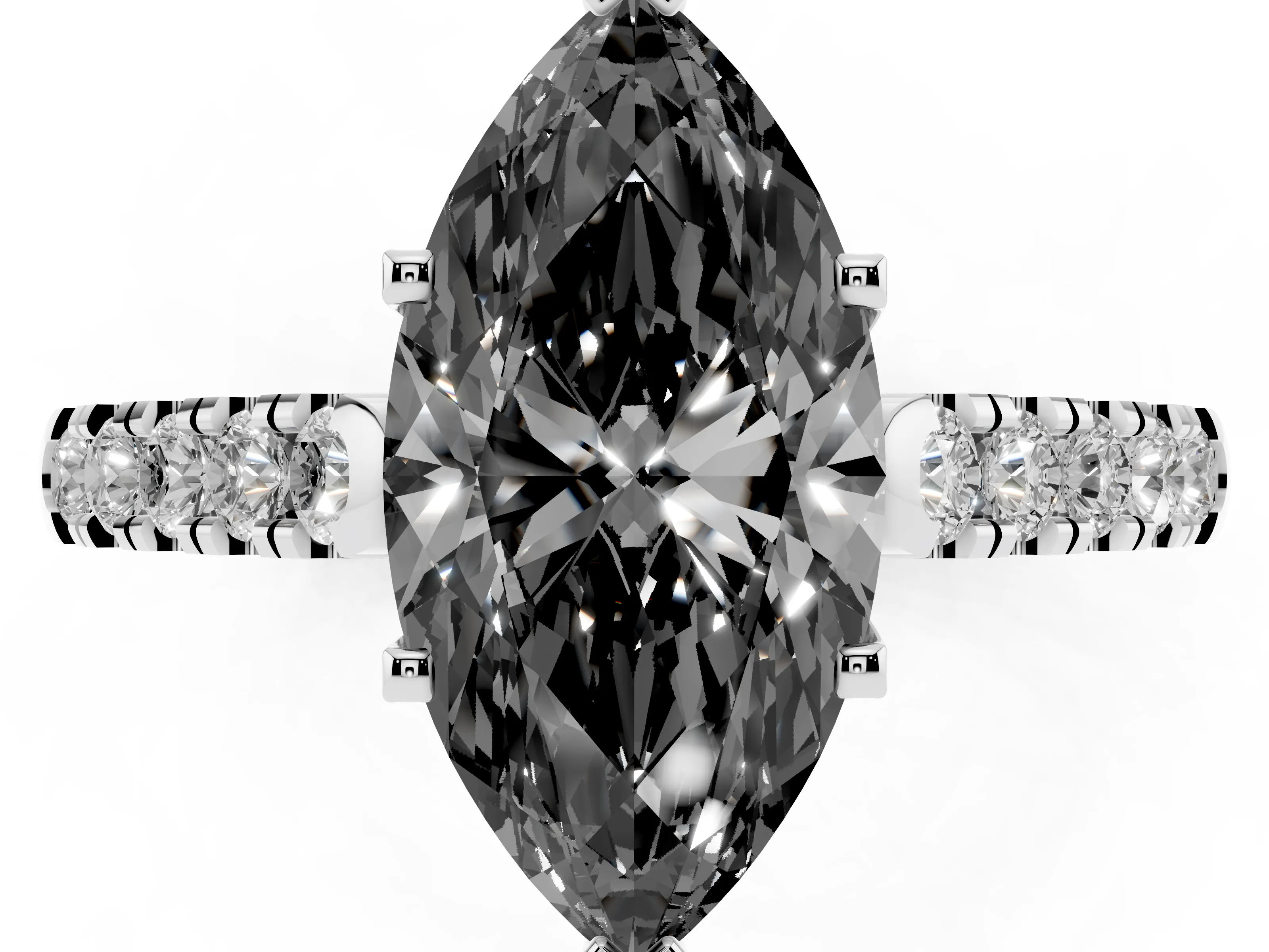 Fancy Black Marquise Cut Diamond Pavé Band Solitaire Ring Set in Platinum with Partway Accent Stones and Prong Setting