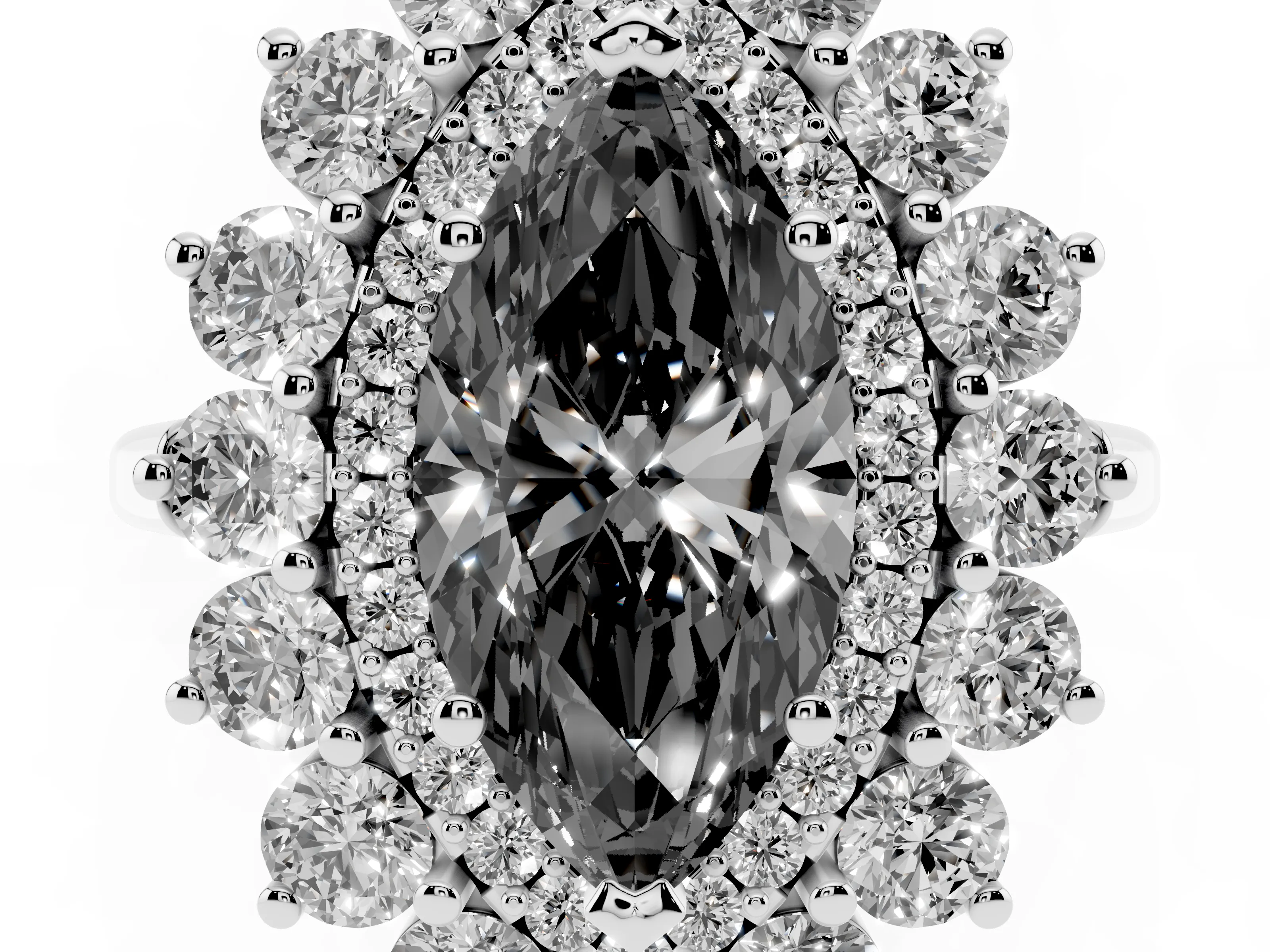 Fancy Black Marquise Cut Diamond Floral Double Halo Ring Set in Platinum with Round Petals