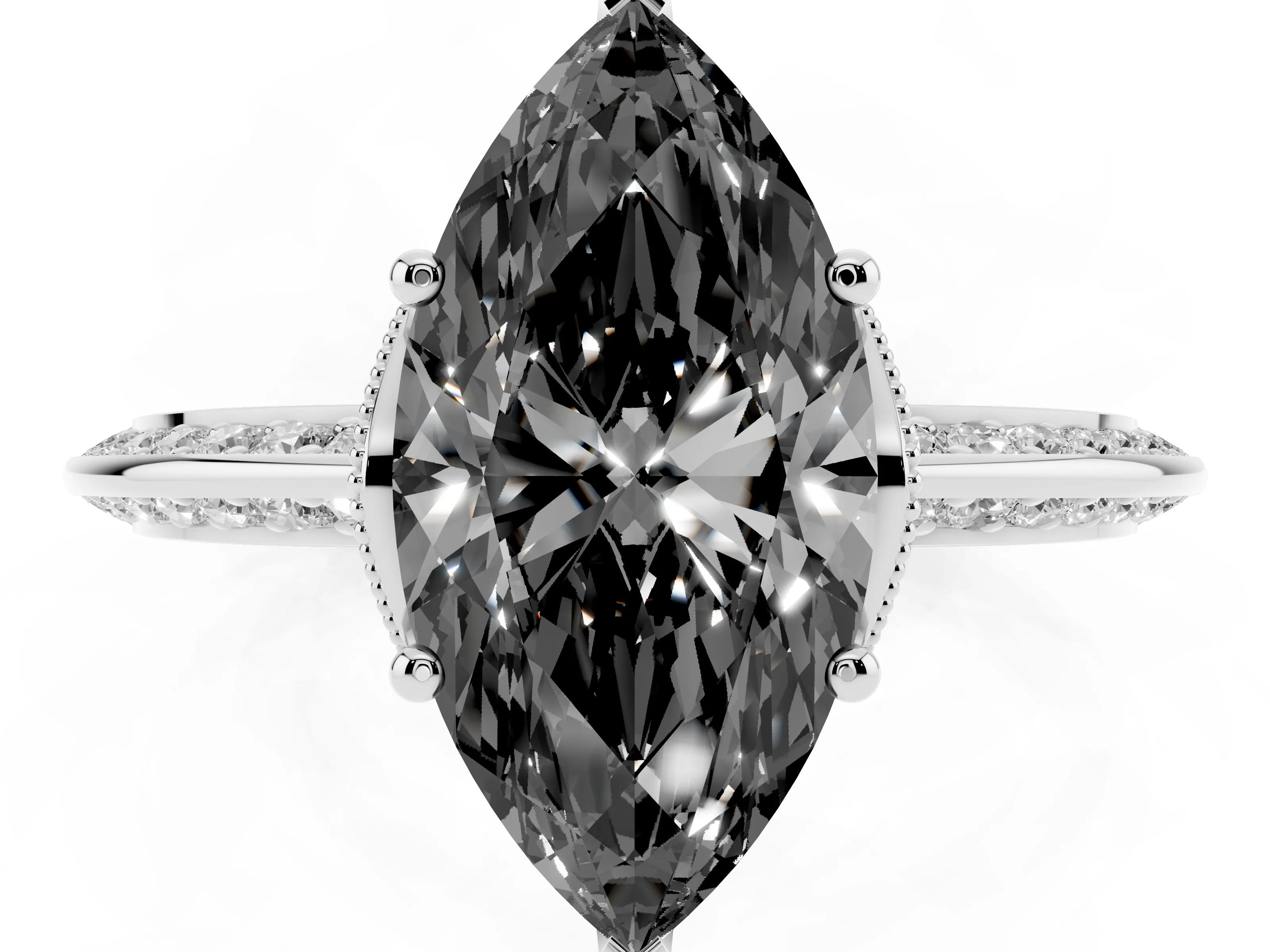 Fancy Black Marquise Cut Diamond Solitaire Engagement Ring Set in White gold with Pavé Split Shank and Prong Setting