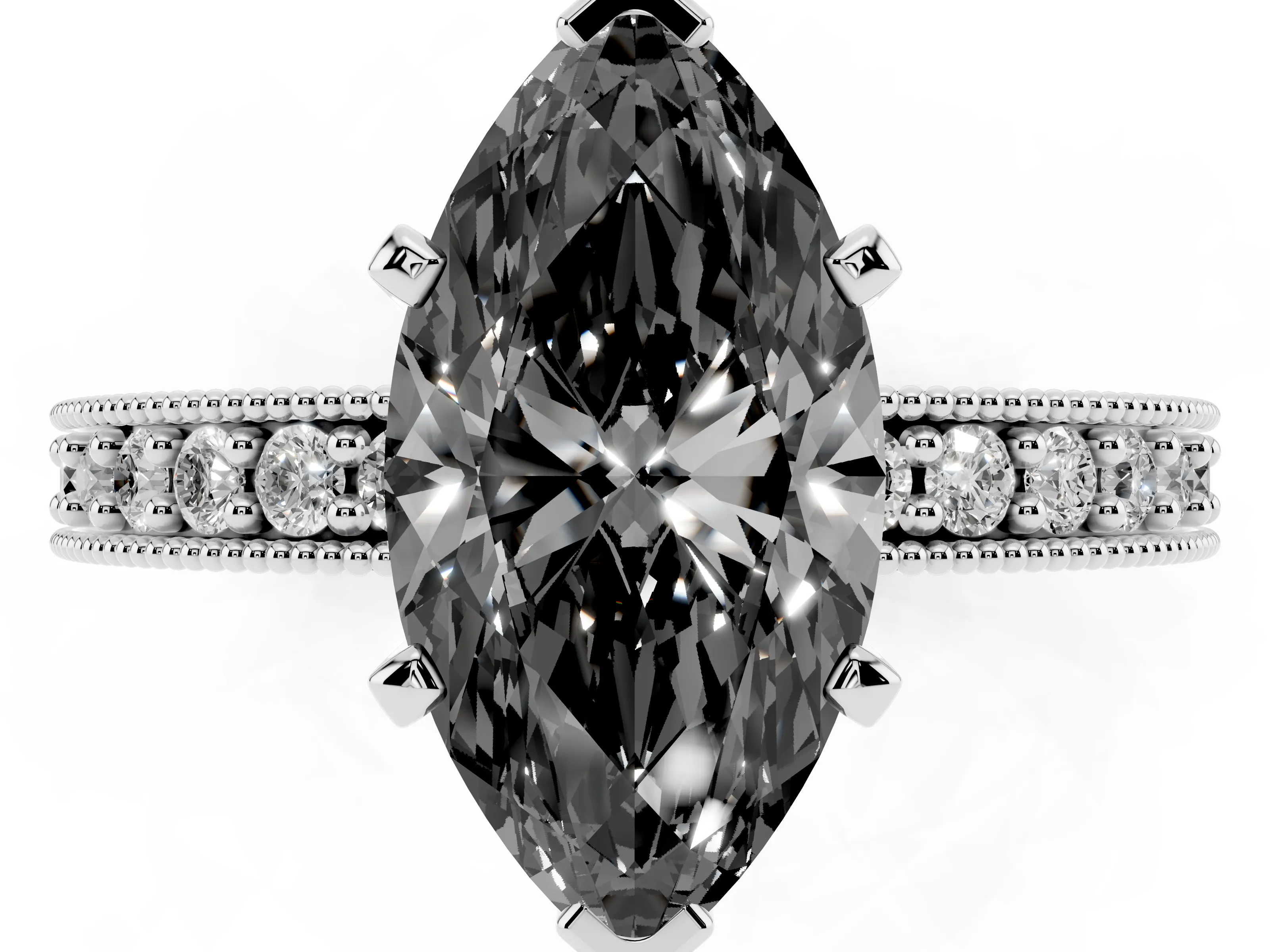 Fancy Black Marquise Cut Diamond Milgrain Pavé Engagement Ring Set in Silver with Prong Setting