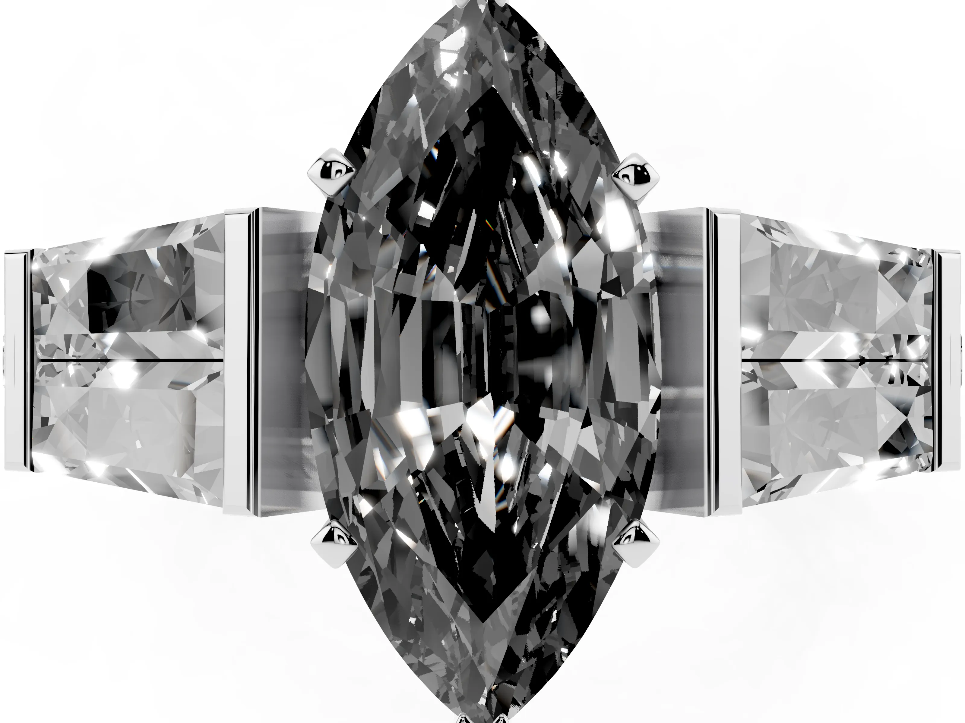 Fancy Black Marquise Cut Diamond Engagement Ring Set in Silver with Baguette Side Stones and Channel Set Band
