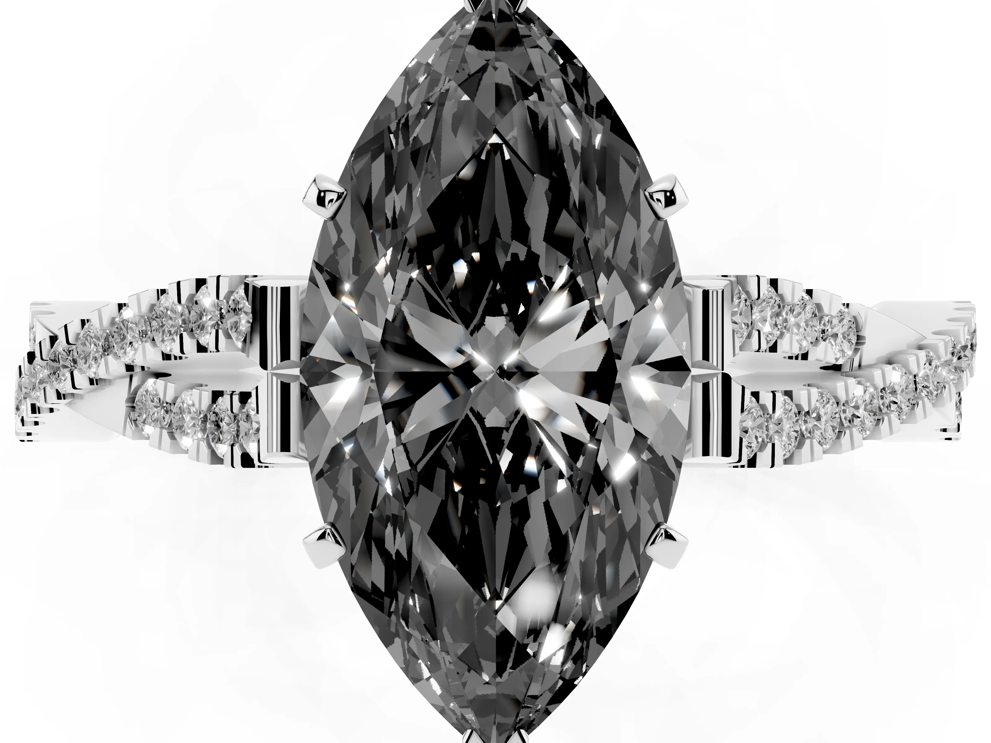 Fancy Black Marquise Cut Diamond Solitaire Engagement Ring Set in Silver with Twisted Pavé Band and Prong Setting