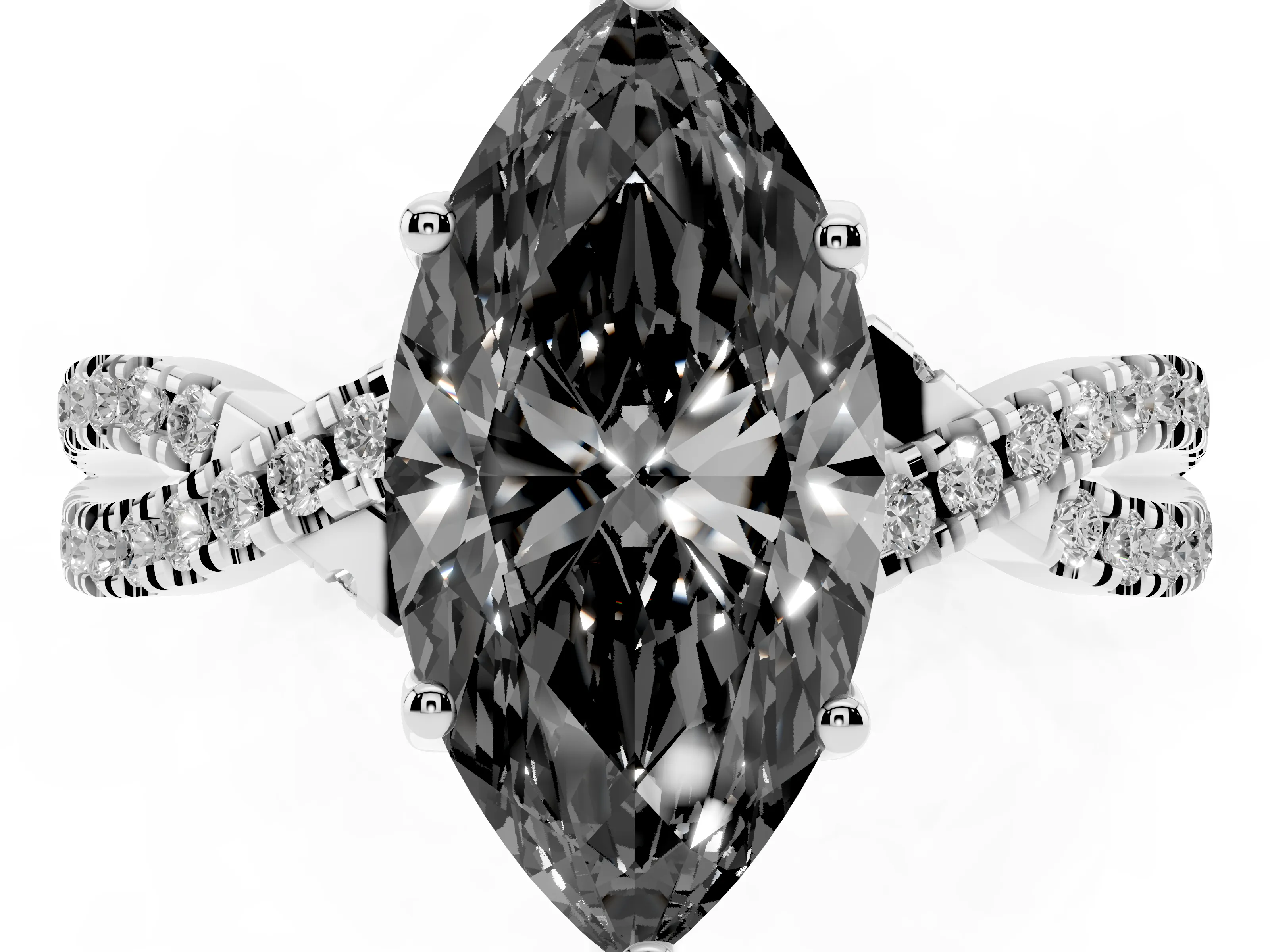 Fancy Black Marquise Cut Diamond Twist Pavé Solitaire Engagement Ring Set in White gold with Prong Setting