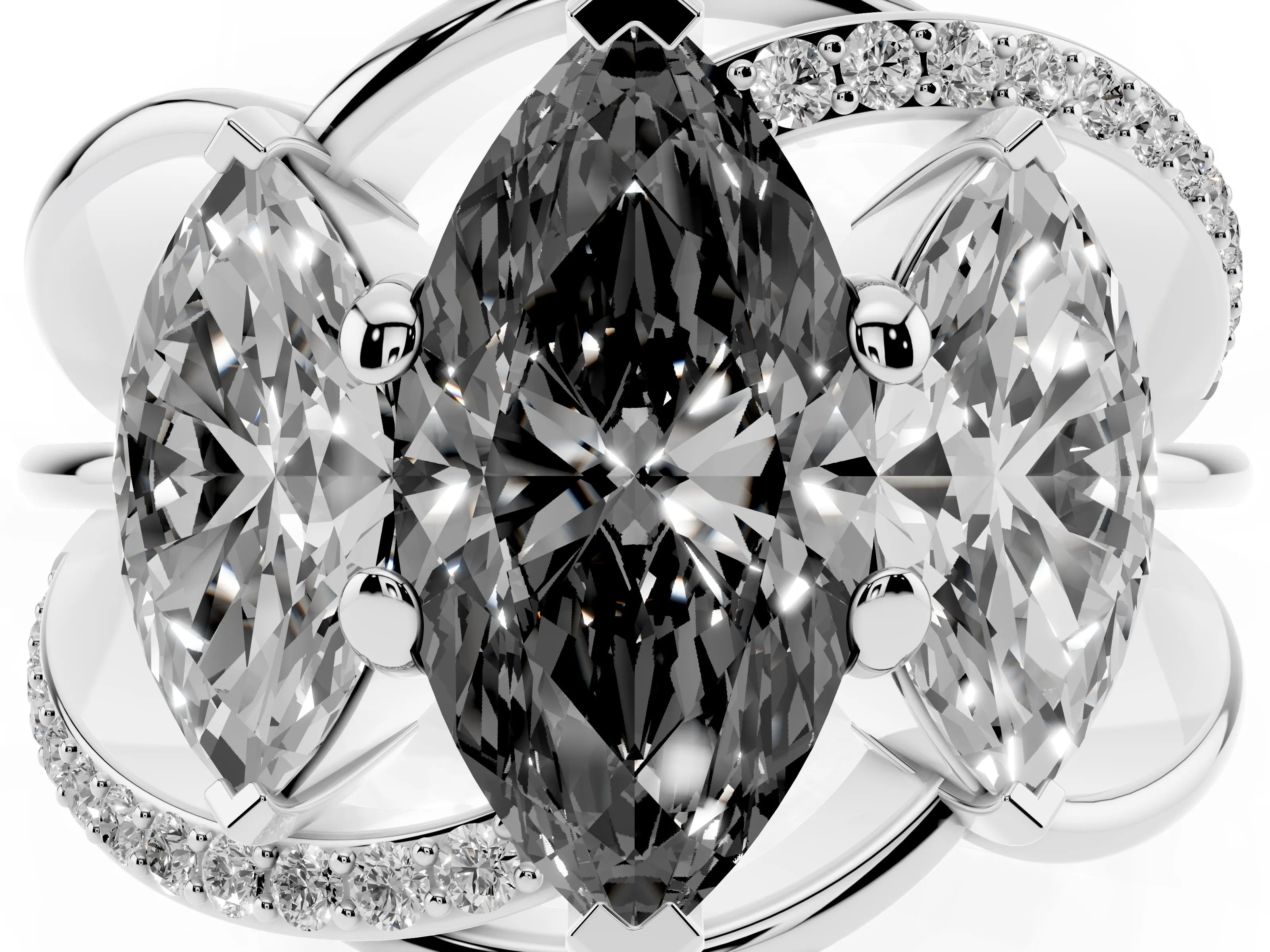 Fancy Black Marquise Cut Diamond Three-Stone Ring Set in Platinum with Split Shank and Prong Setting