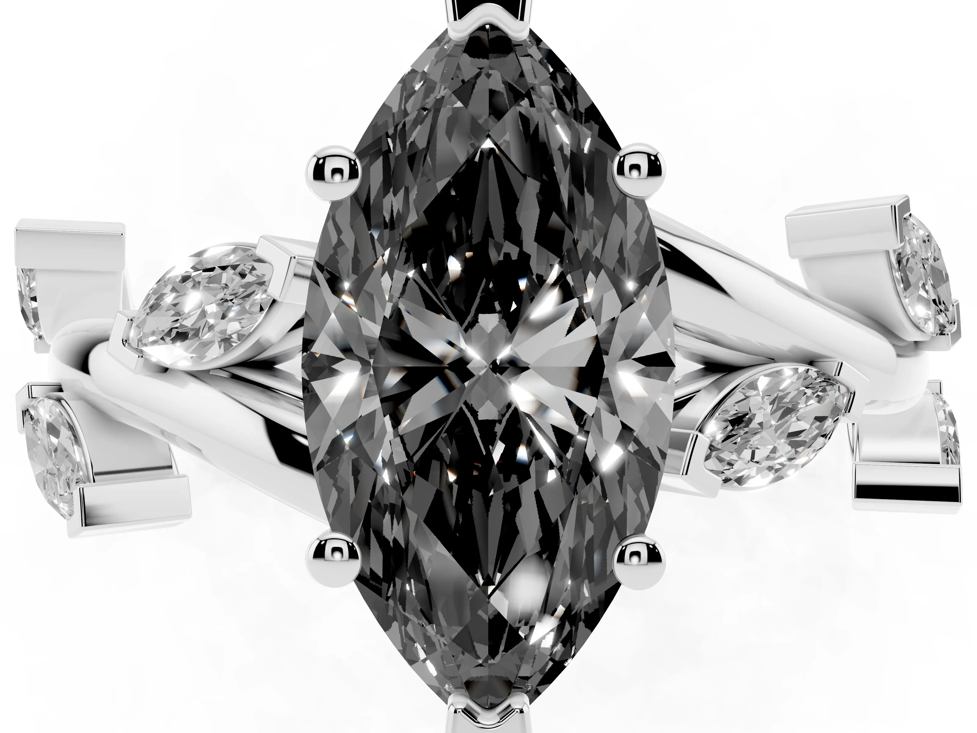 Fancy Black Marquise Cut Diamond Solitaire Ring Set in Platinum with Twisted Marquise Accent Band