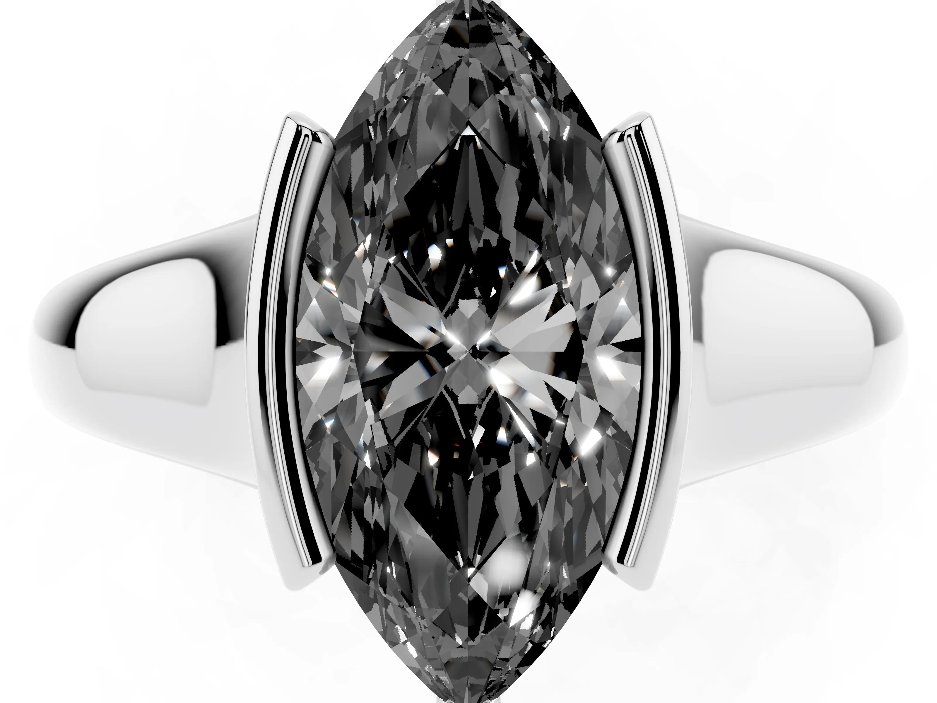Fancy Black Marquise Cut Diamond Solitaire Tension Set Ring Set in Silver with Split Shank Band