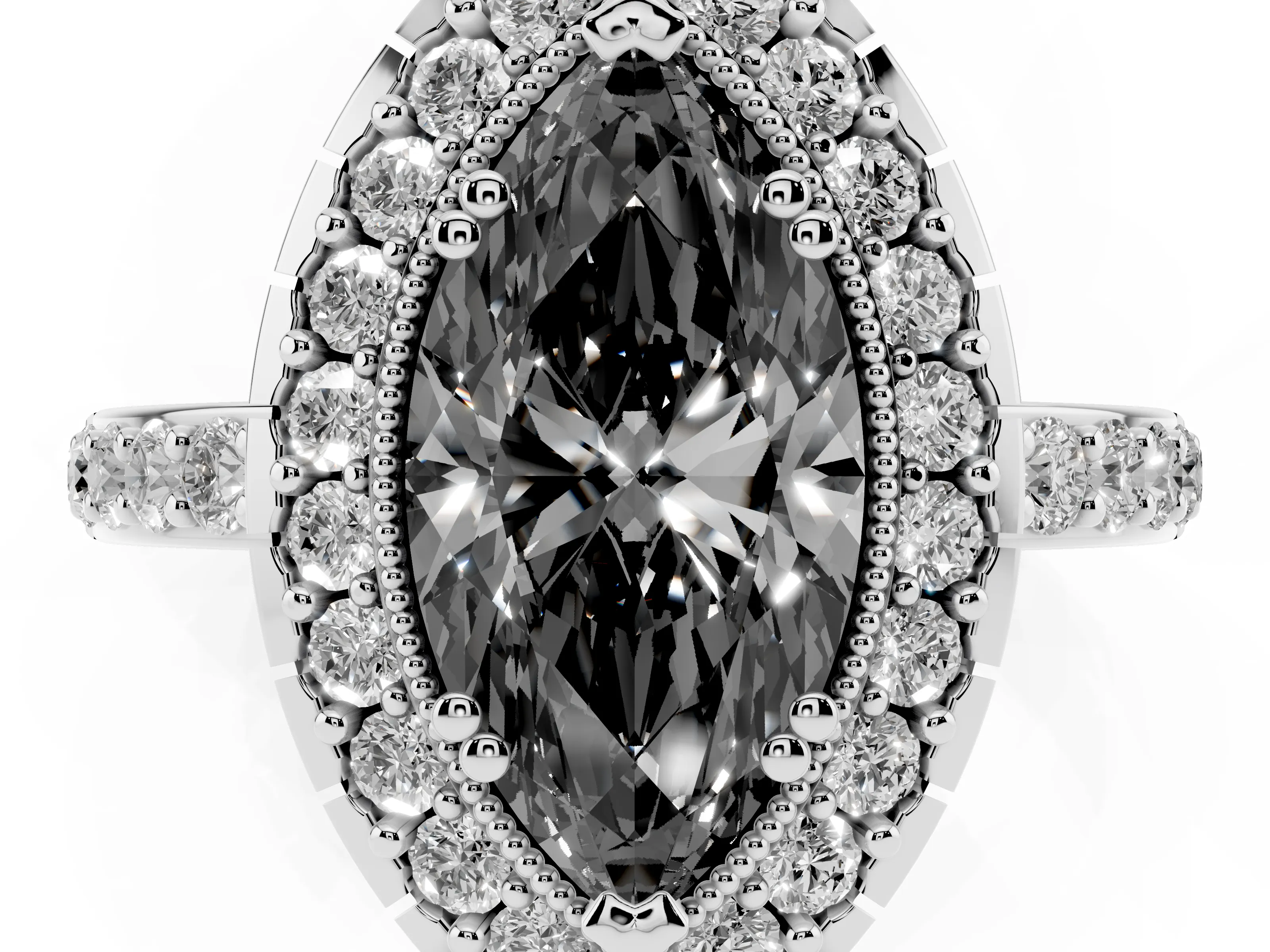 Fancy Black Marquise Cut Diamond Halo Ring Set in White gold with Pavé Shank and Prong Setting