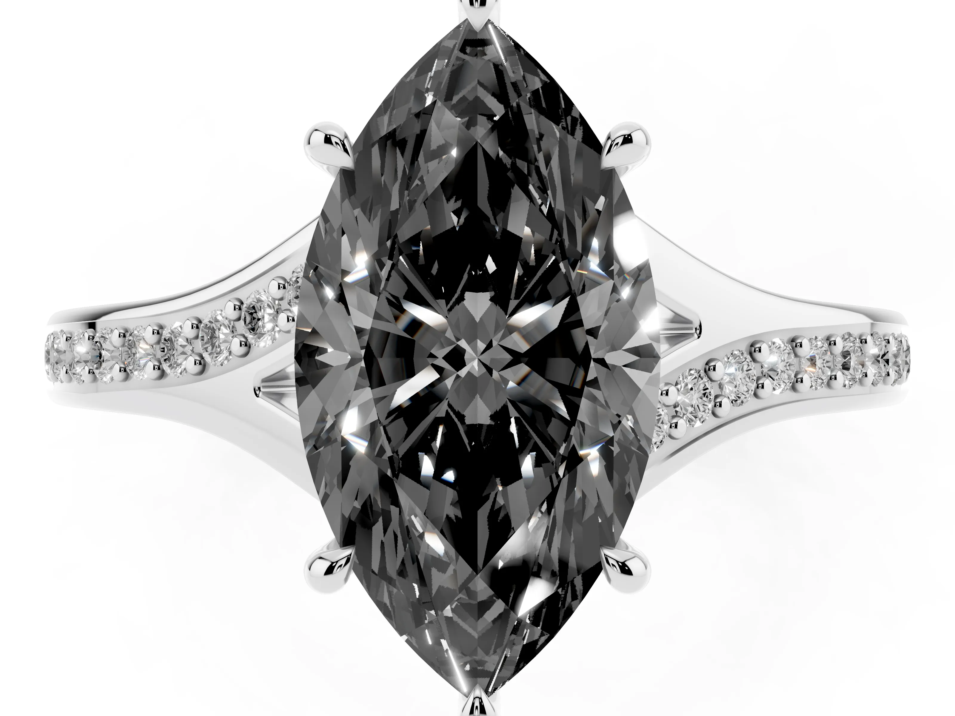 Fancy Black Marquise Cut Diamond Solitaire Ring Set in White gold with Pavé Accent Band and Classic Prong Setting