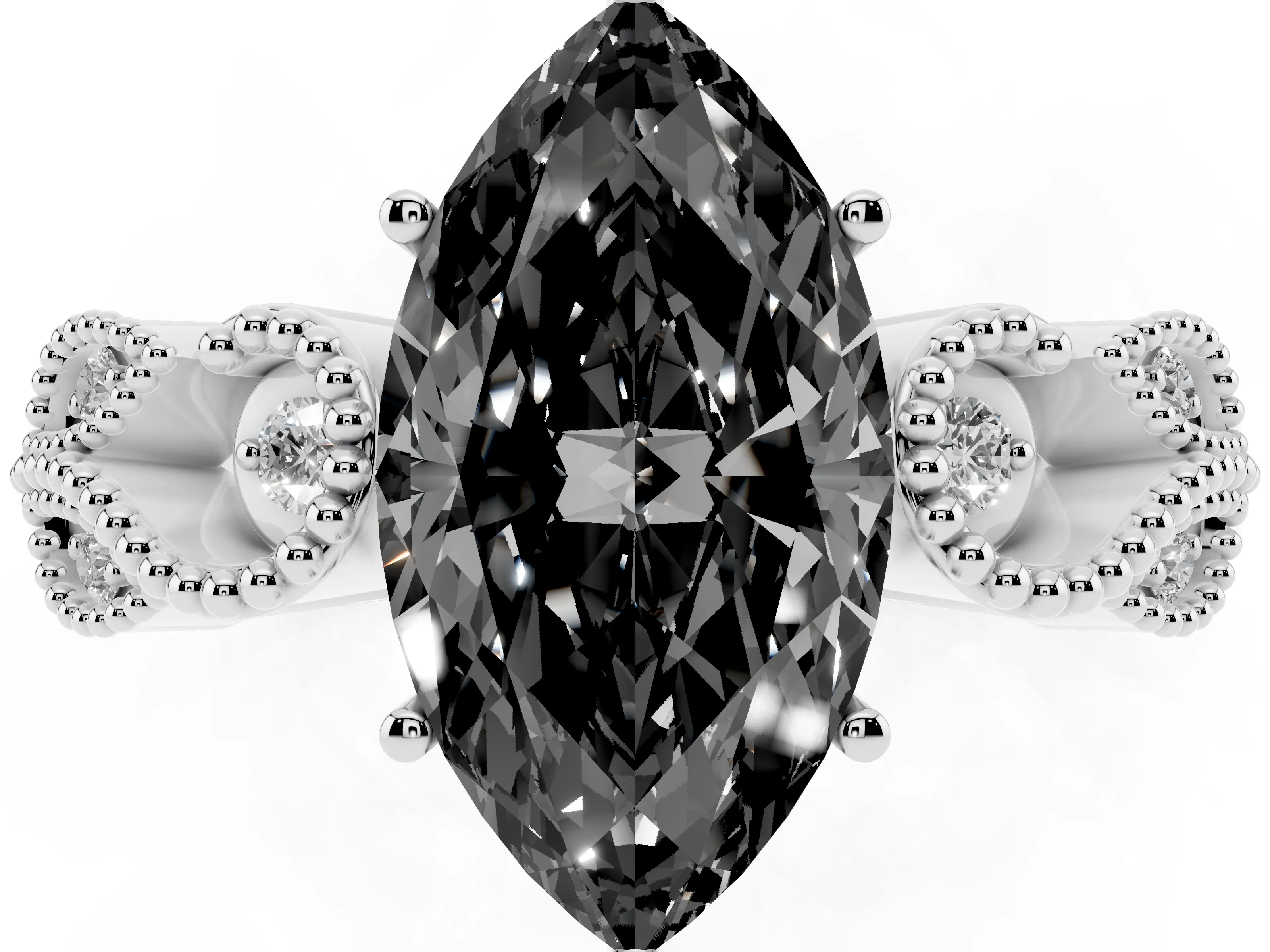Fancy Black Marquise Cut Diamond Milgrain Leaf Band Solitaire Ring Set in Platinum with Accent Stones and Prong Setting