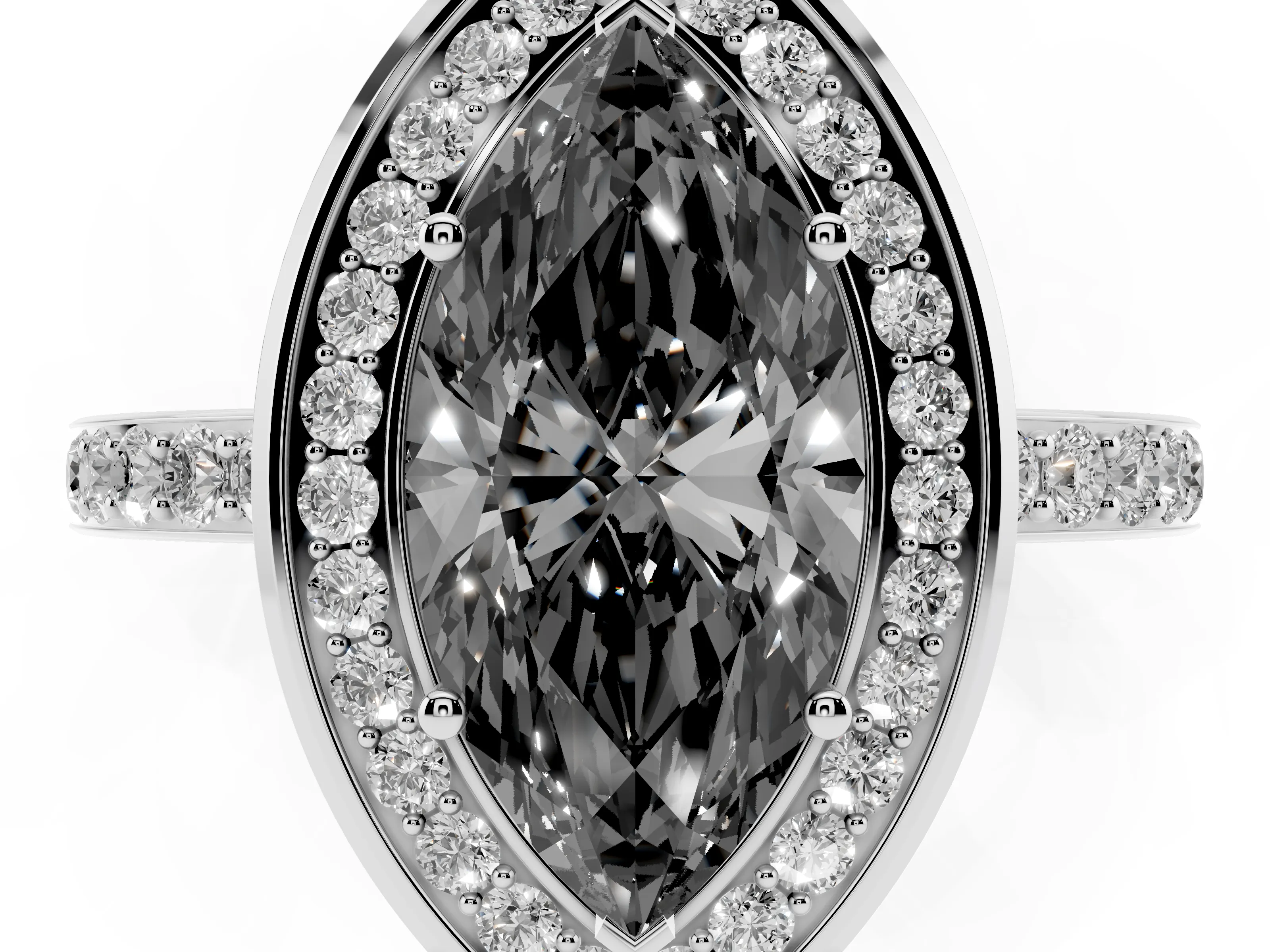 Fancy Black Marquise Cut Diamond Halo Ring Set in Silver with Bezel Frame and Pavé Band