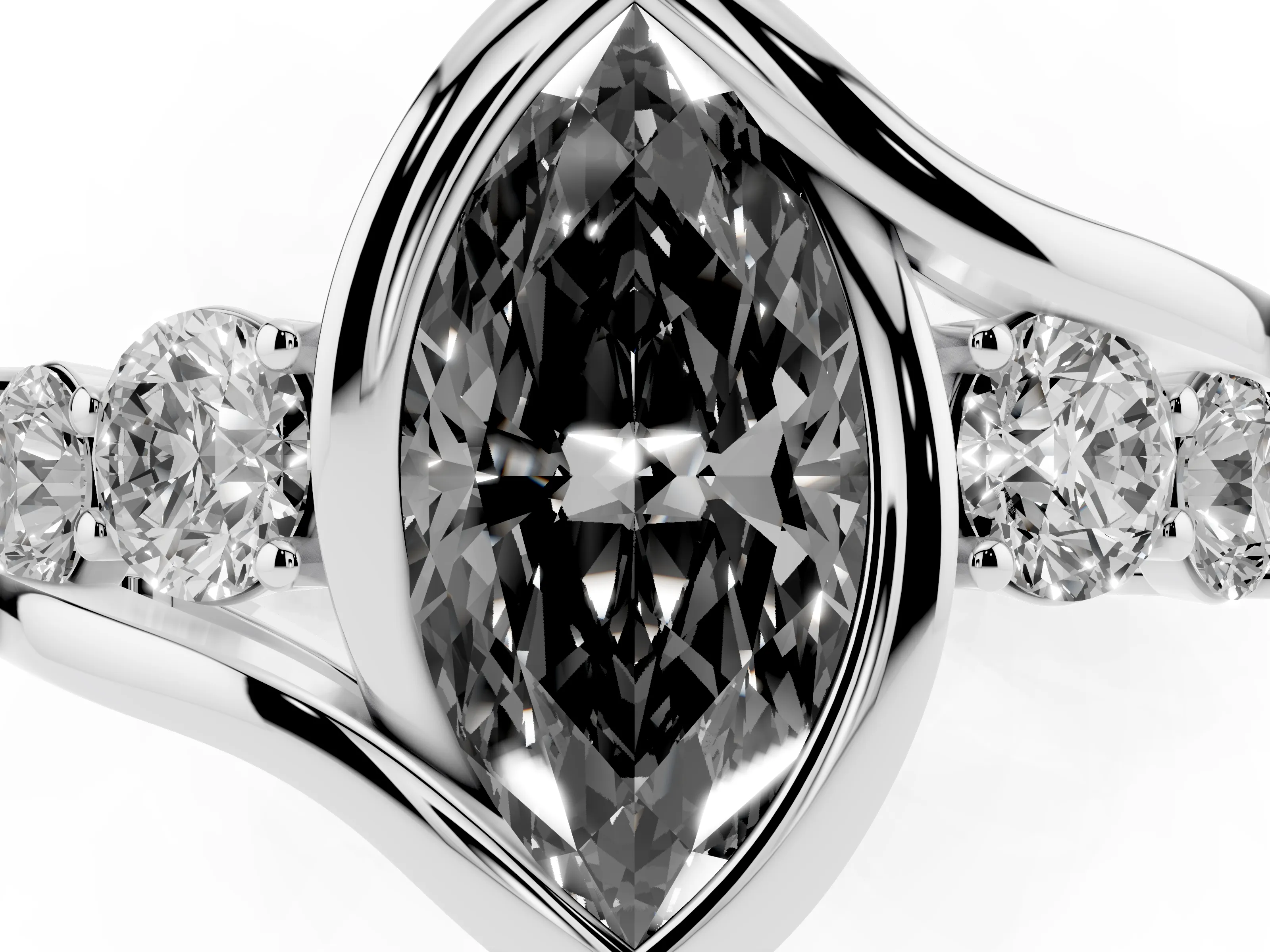 Fancy Black Marquise Cut Diamond Bezel Bypass Ring Set in Platinum with Round Accents
