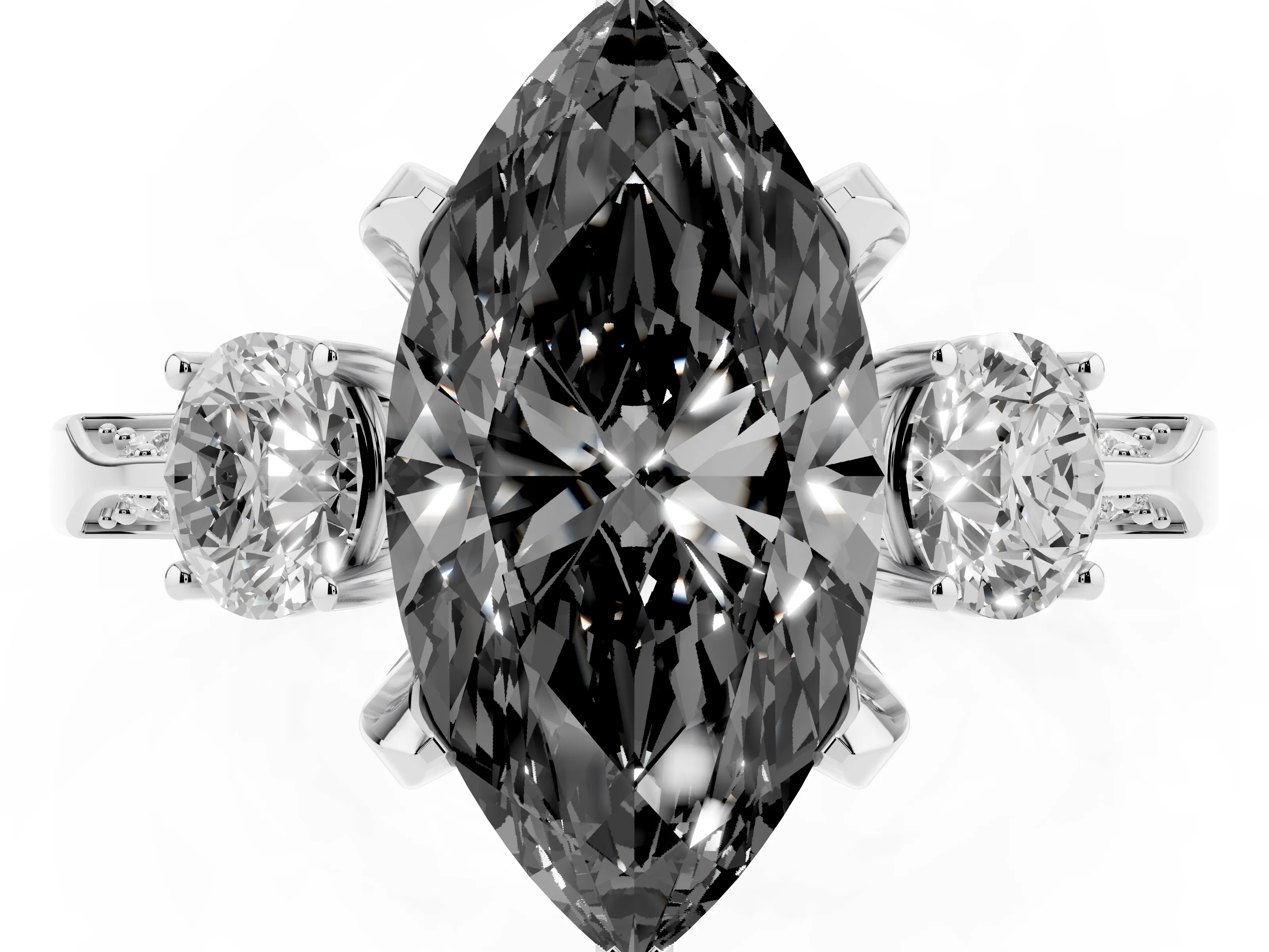 Fancy Black Marquise Cut Diamond Three-Stone Ring Set in White gold with Pavé Band and Smaller Side Stones