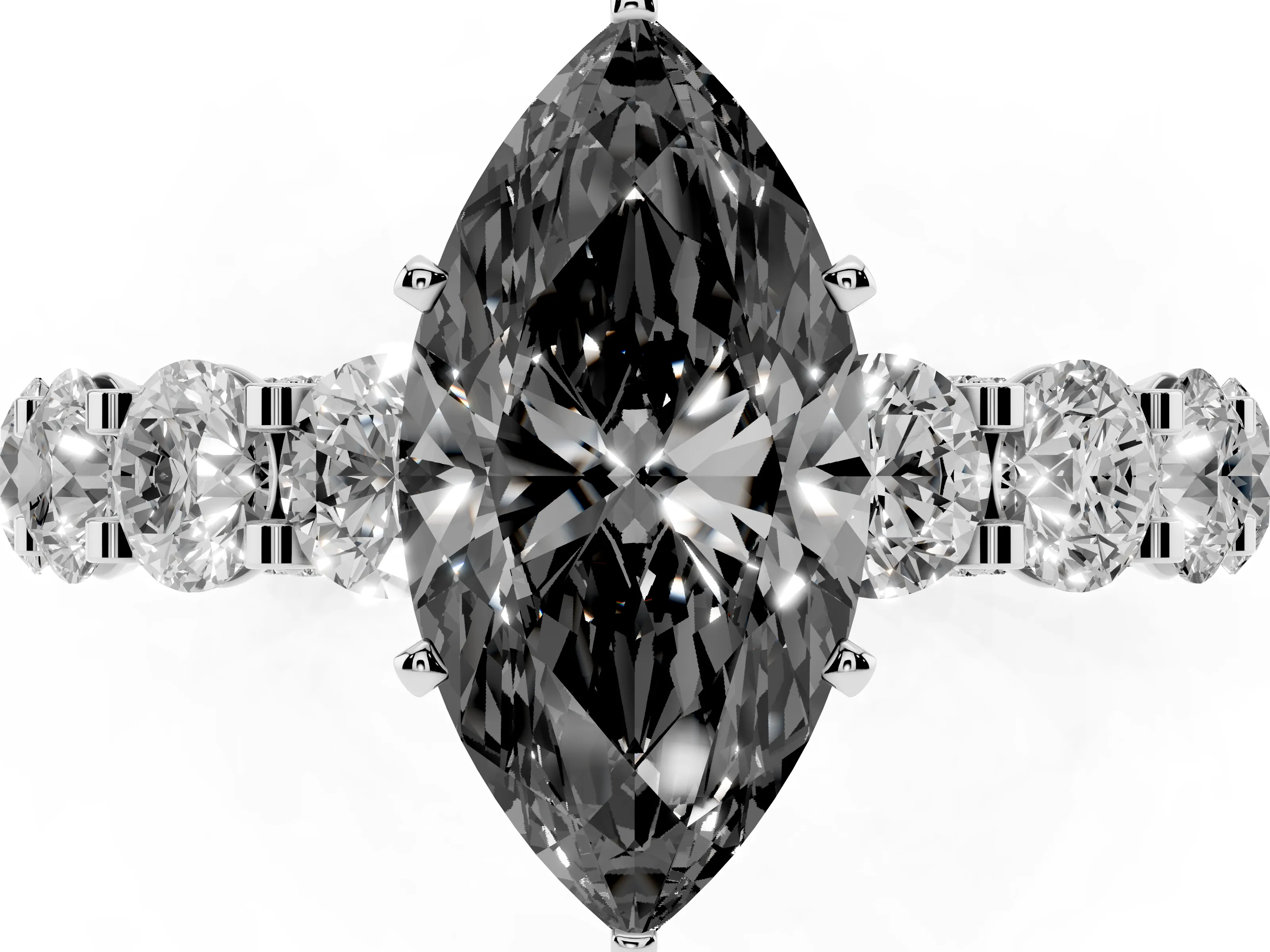 Fancy Black Marquise Cut Diamond Side Stone Ring Set in Silver with Alternating Round and Oval Side Stones
