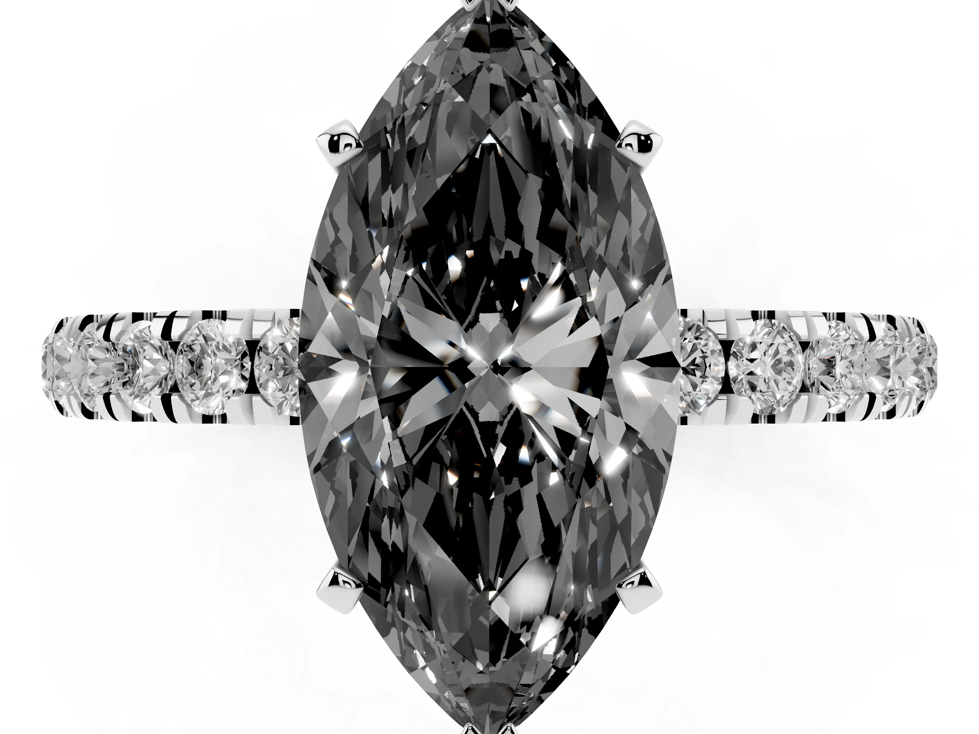 Fancy Black Marquise Cut Diamond Solitaire Ring Set in Silver with Pavé Accents and Prong Setting