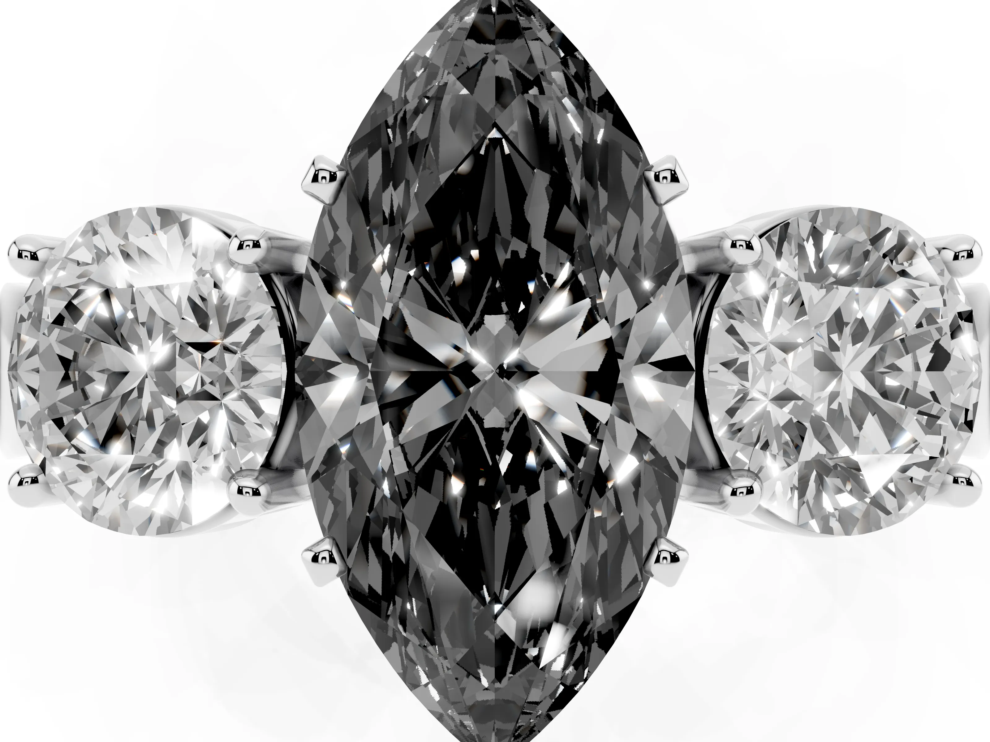 Fancy Black Marquise Cut Diamond Three-Stone Ring Set in Silver with Round Side Stones and Classic Band