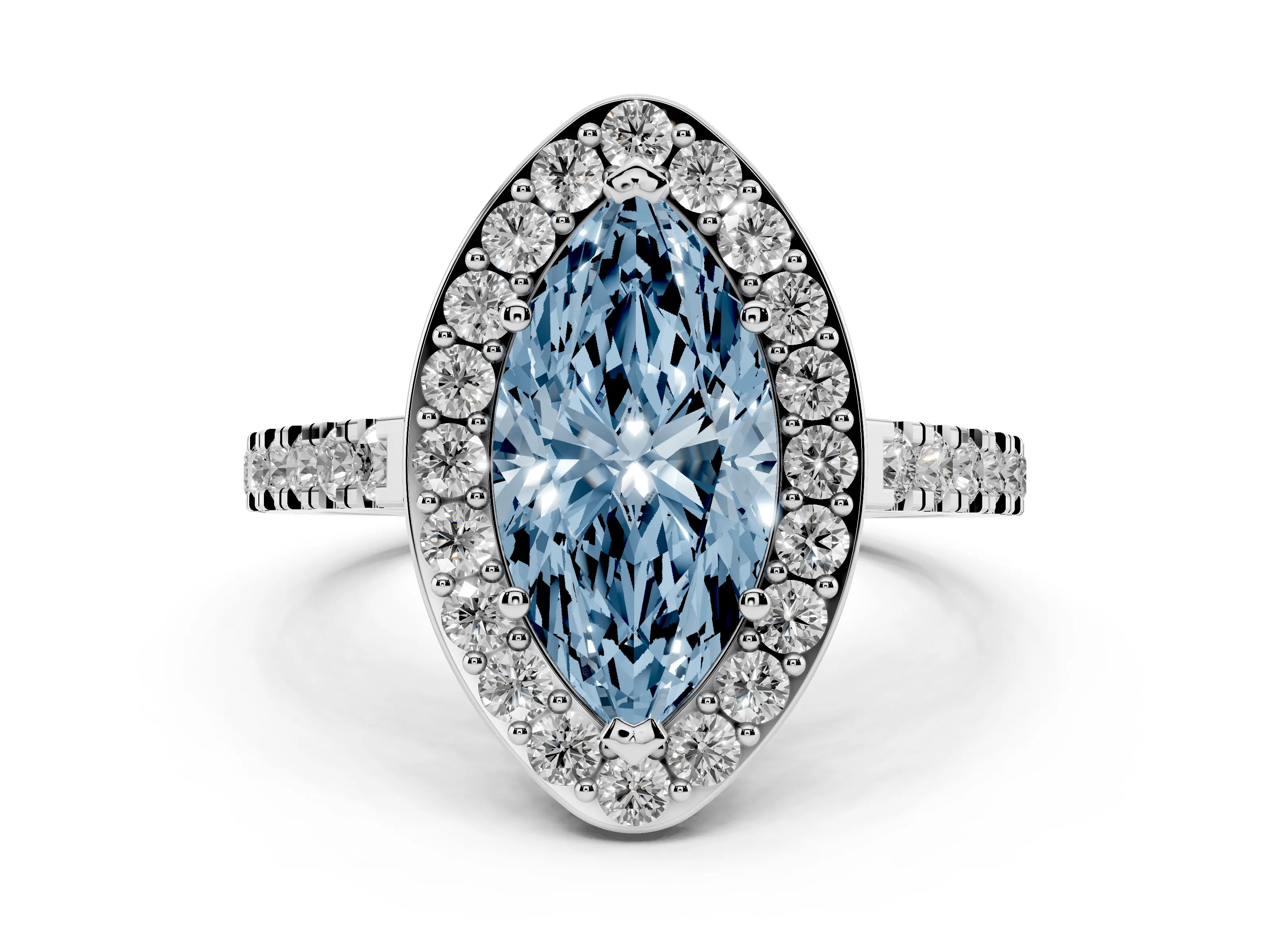 Fancy Blue Marquise Cut Diamond Halo Ring Set in Silver with Round Pavé Split Shank and Prong Setting