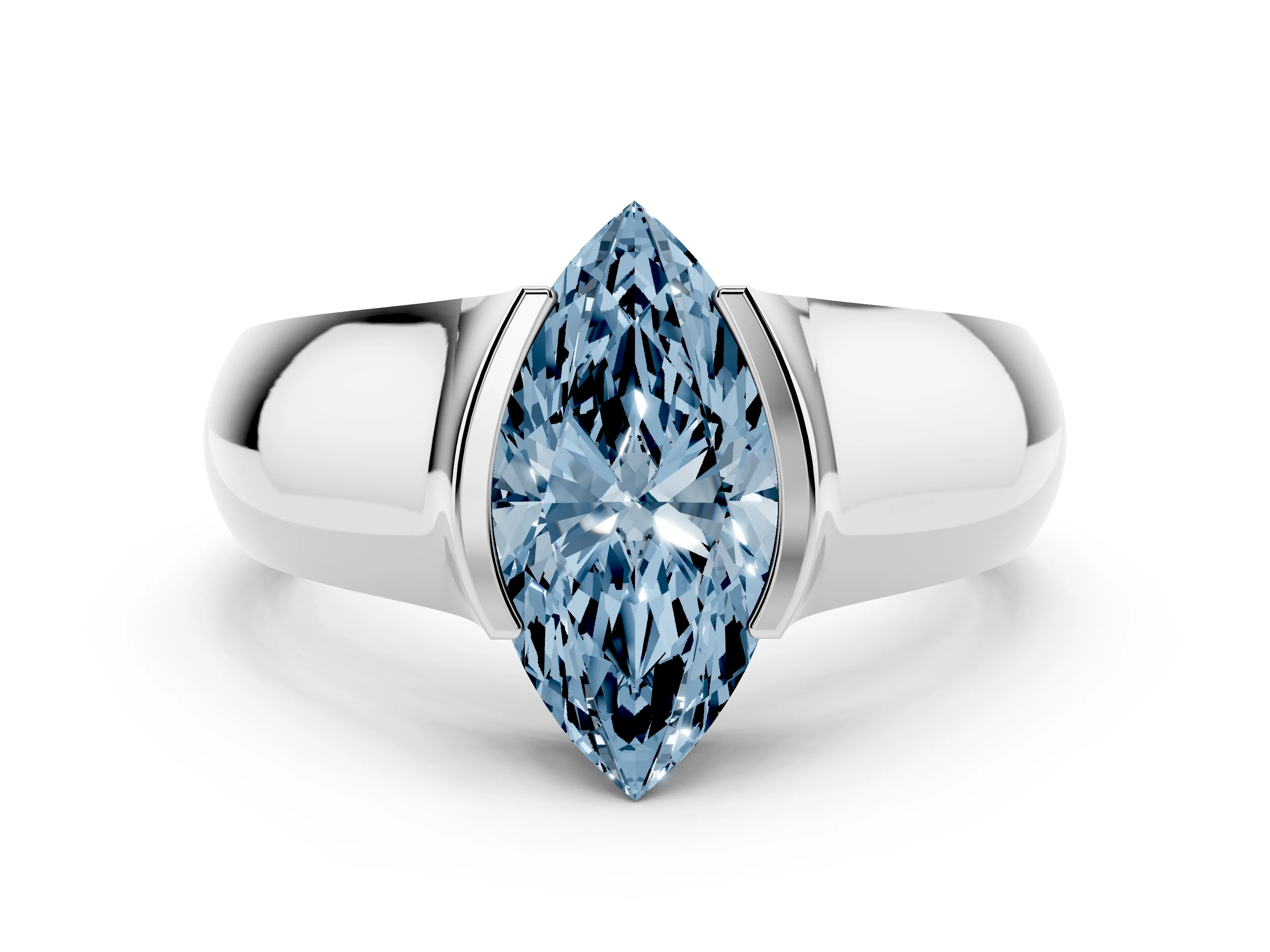 Fancy Blue Marquise Cut Diamond Bezel Solitaire Ring Set in White gold with Wide Band
