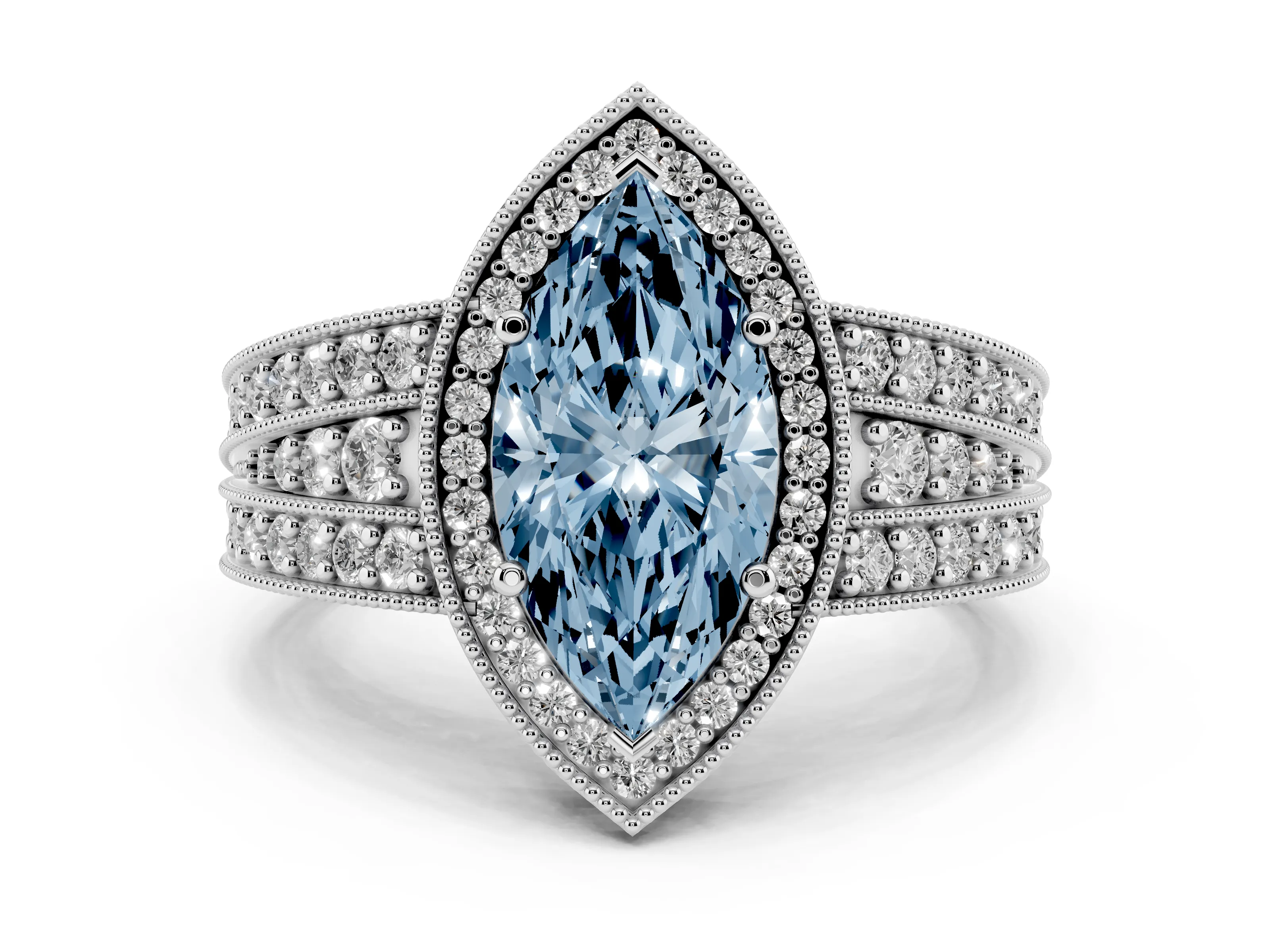 Fancy Blue Marquise Cut Diamond Halo Ring Set in Silver with Accent Split Shank and Prong Setting