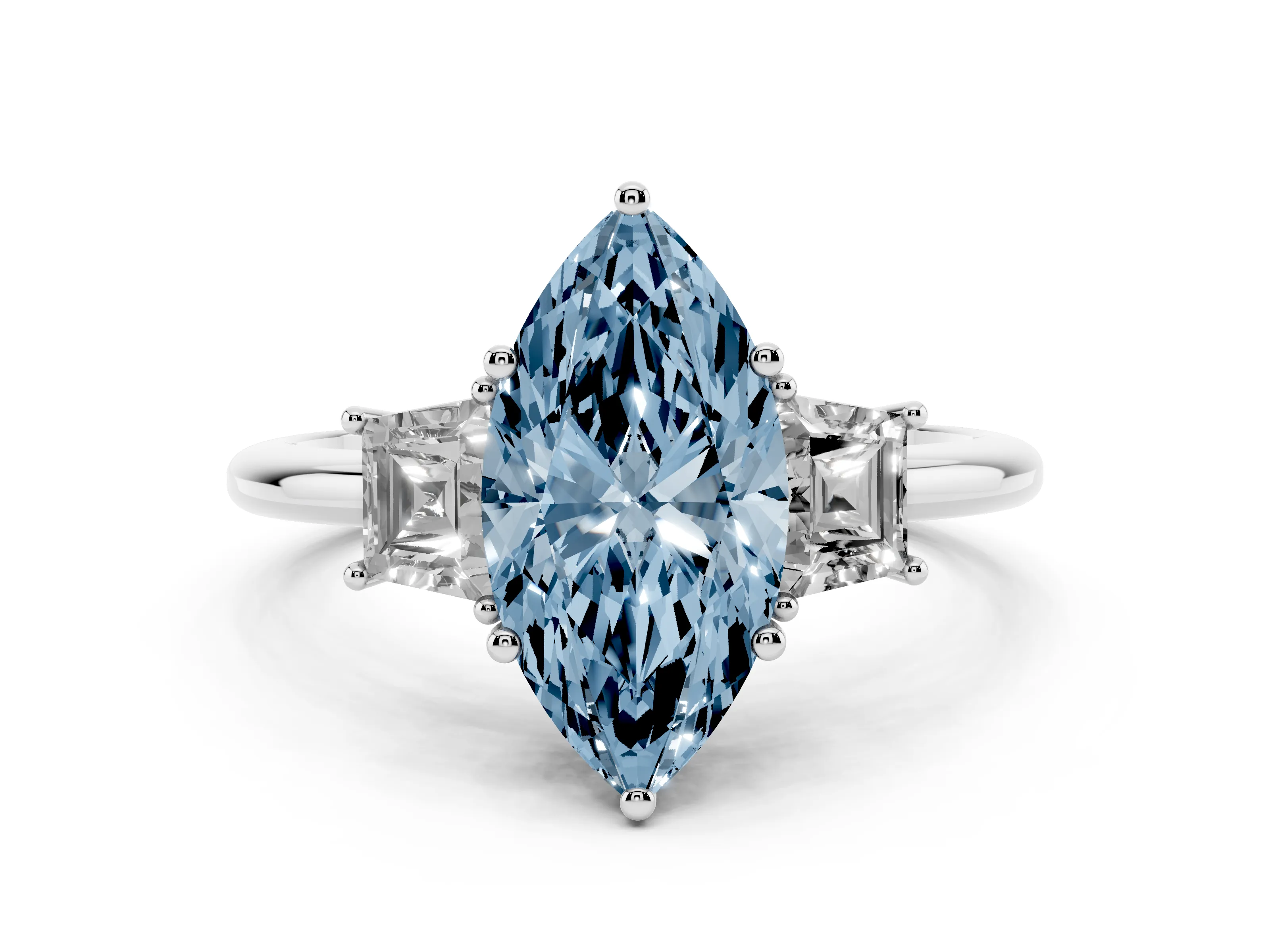 Fancy Blue Marquise Cut Diamond Three-Stone Ring Set in Silver with Trapezoid Side Stones and Prong Setting