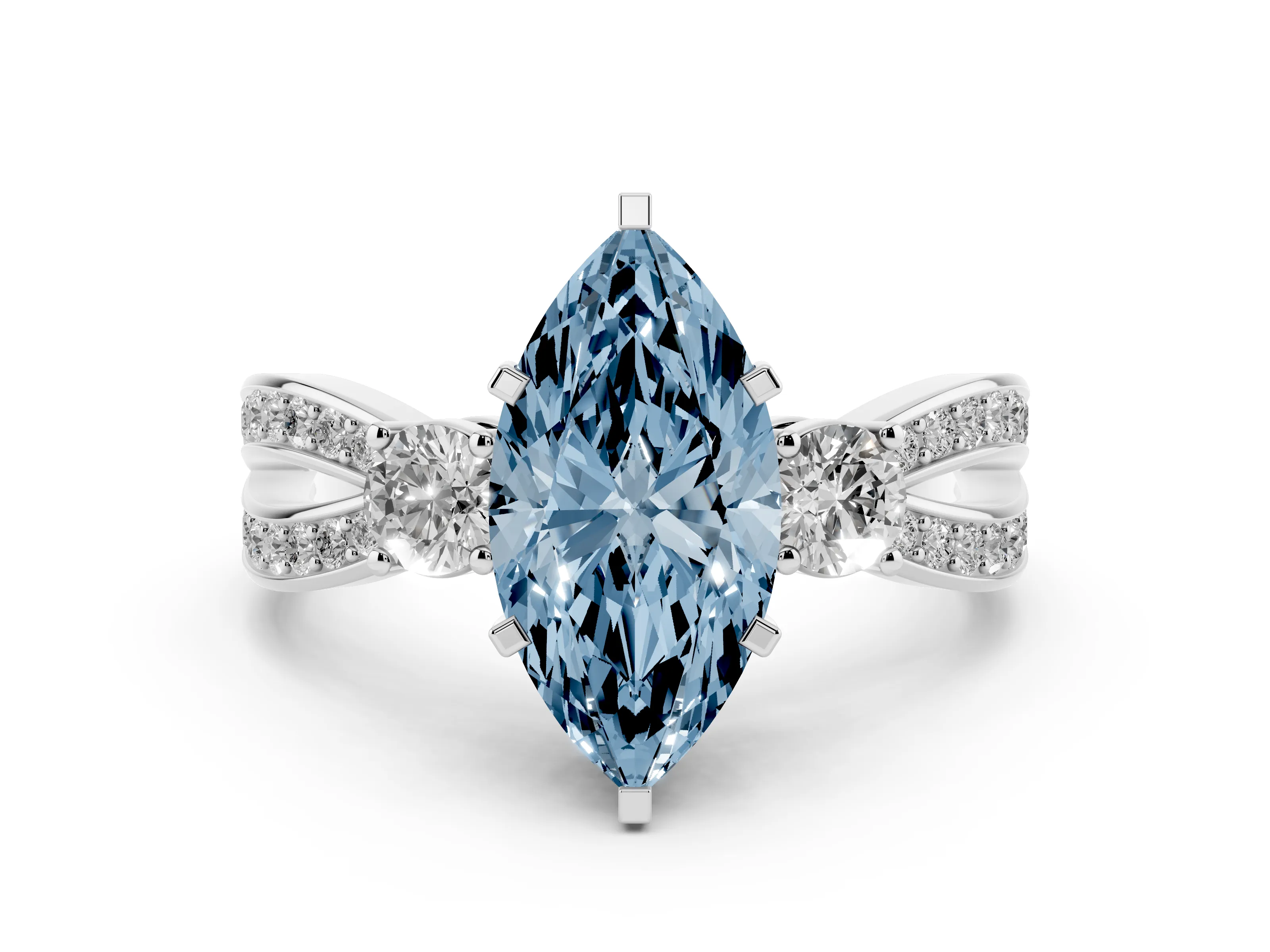 Fancy Blue Three-Stone Marquise Cut Diamond Twist Band Ring Set in White gold with Pavé Accents and Prong Setting