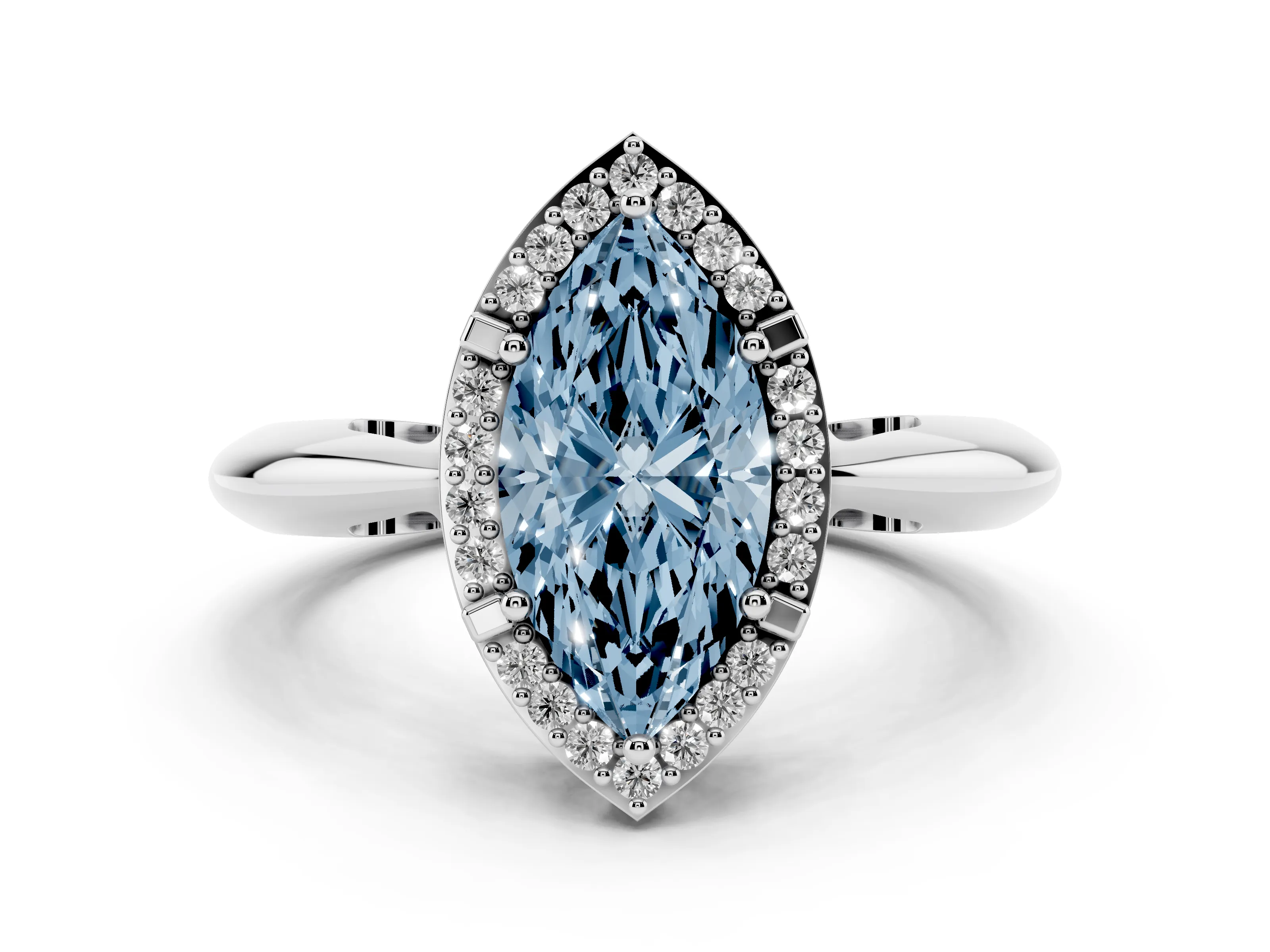 Fancy Blue Marquise Cut Diamond Halo Engagement Ring Set in Platinum with Plain Split Shank and Prong Setting