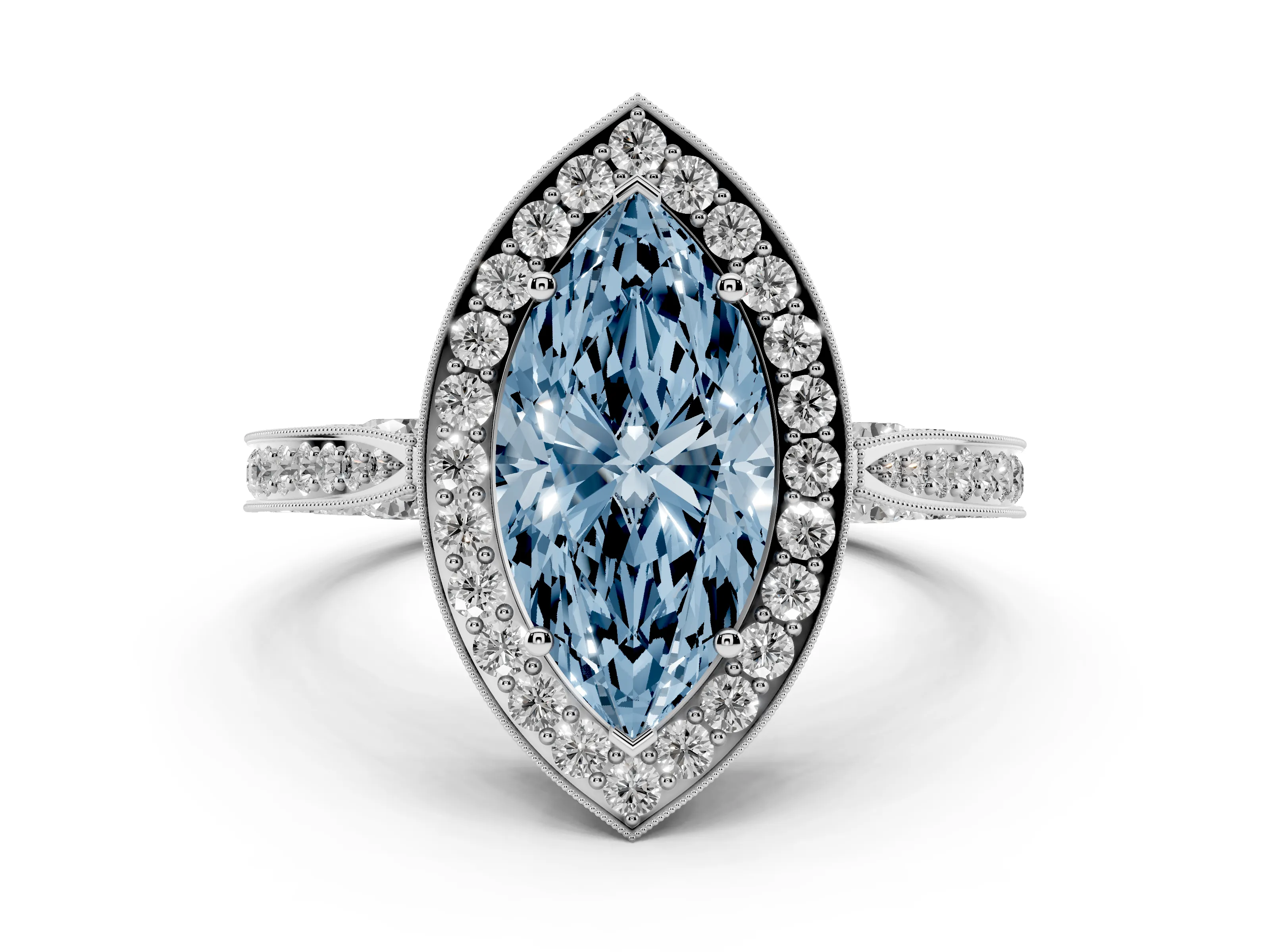 Fancy Blue Marquise Cut Diamond Halo Engagement Ring Set in Platinum with Accent Split Shank Band