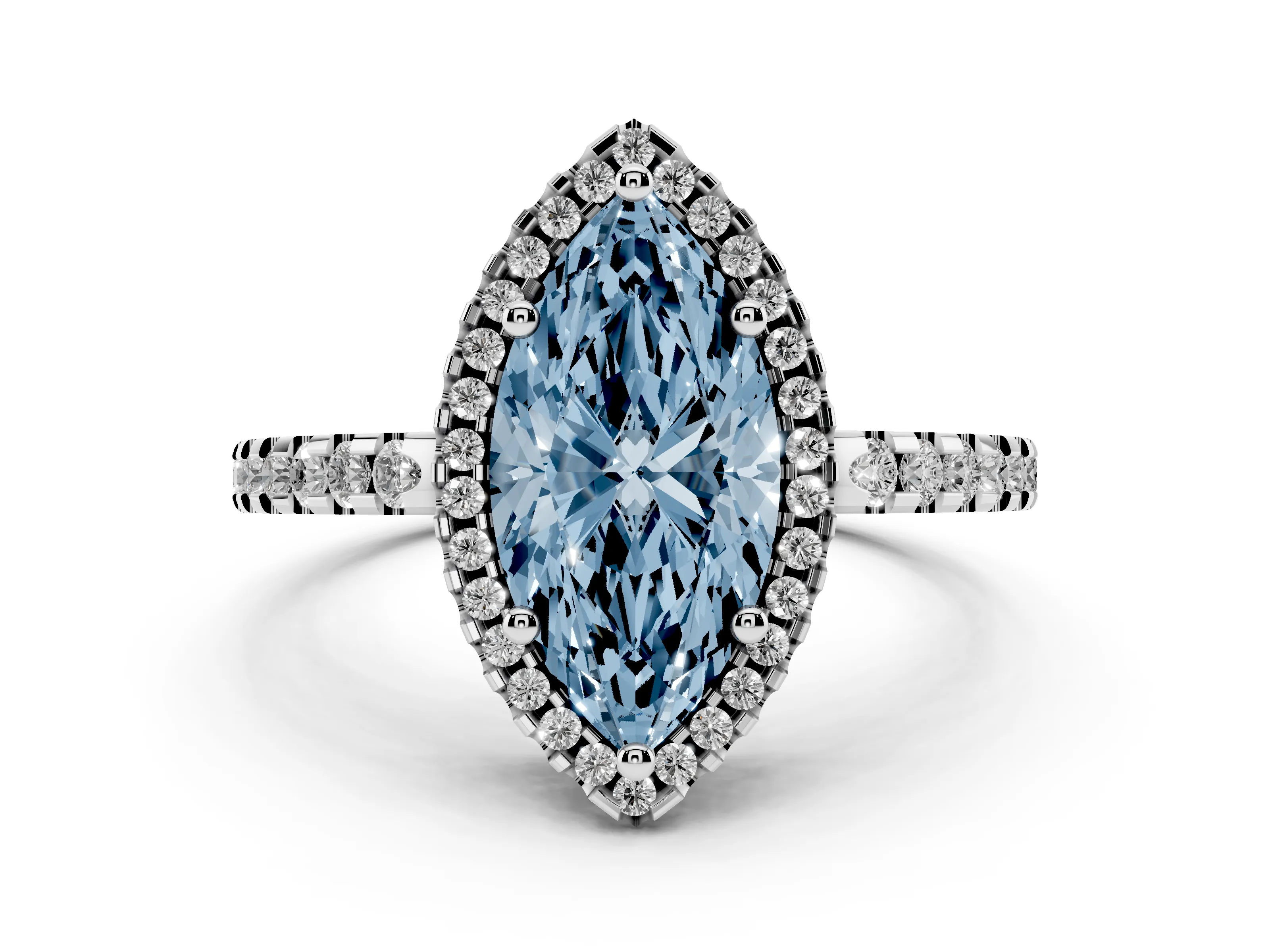 Fancy Blue Marquise Cut Diamond Halo Ring Set in White gold with Pavé Shoulders and Halo-Framed Center