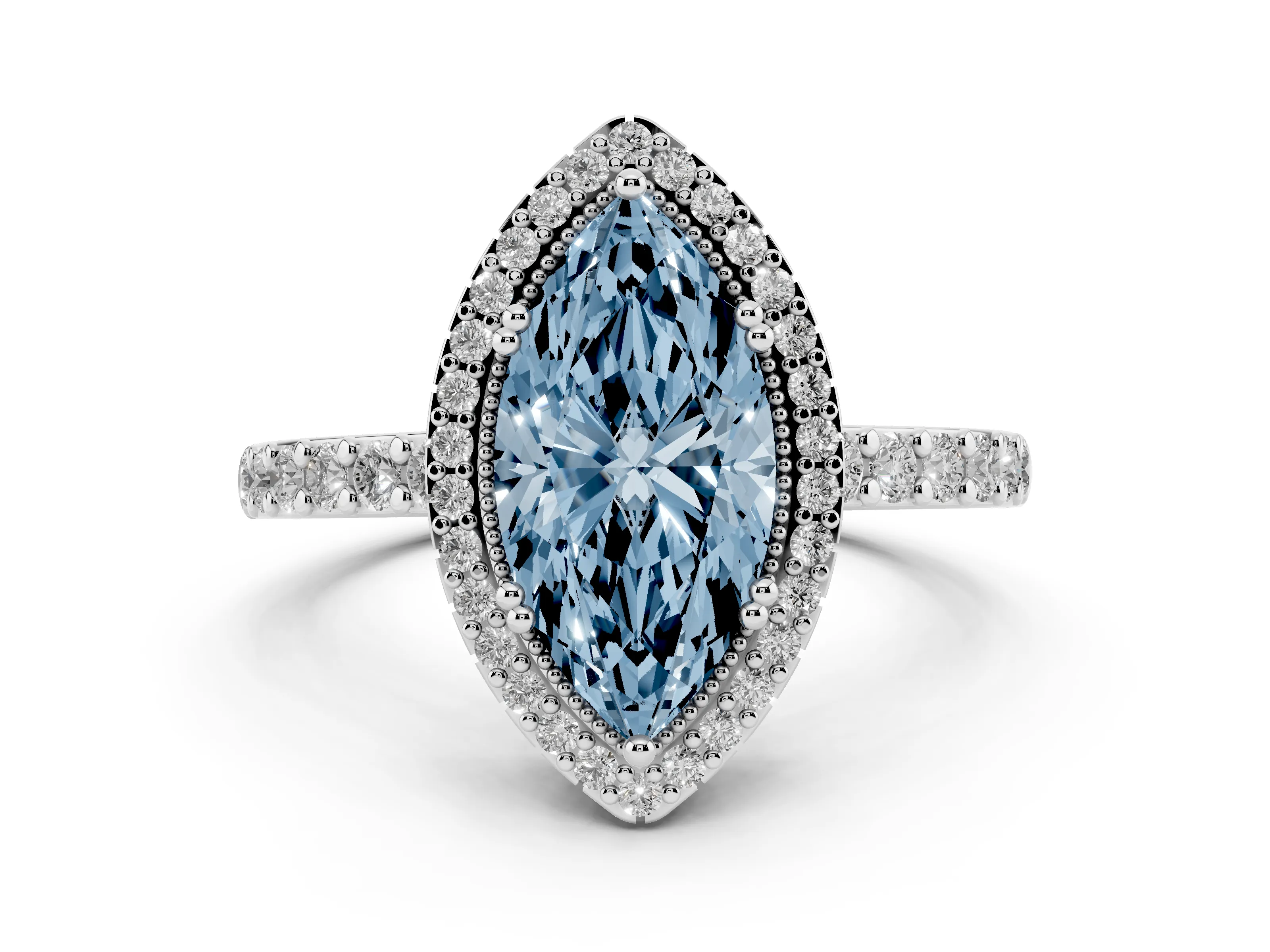Fancy Blue Marquise Cut Diamond Halo Engagement Ring Set in Platinum with Milgrain Detail and Pavé Band