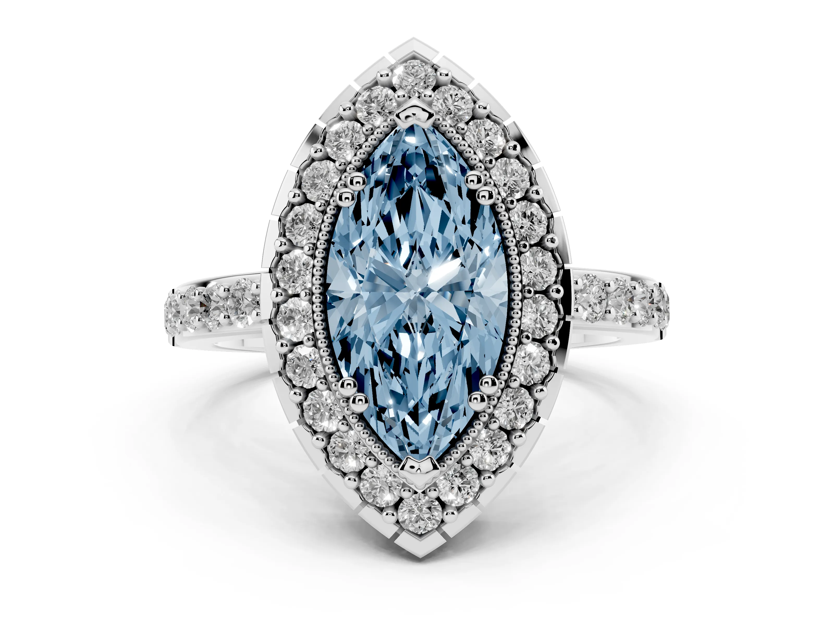 Fancy Blue Marquise Cut Diamond Halo Ring Set in White gold with Pavé Shank and Prong Setting