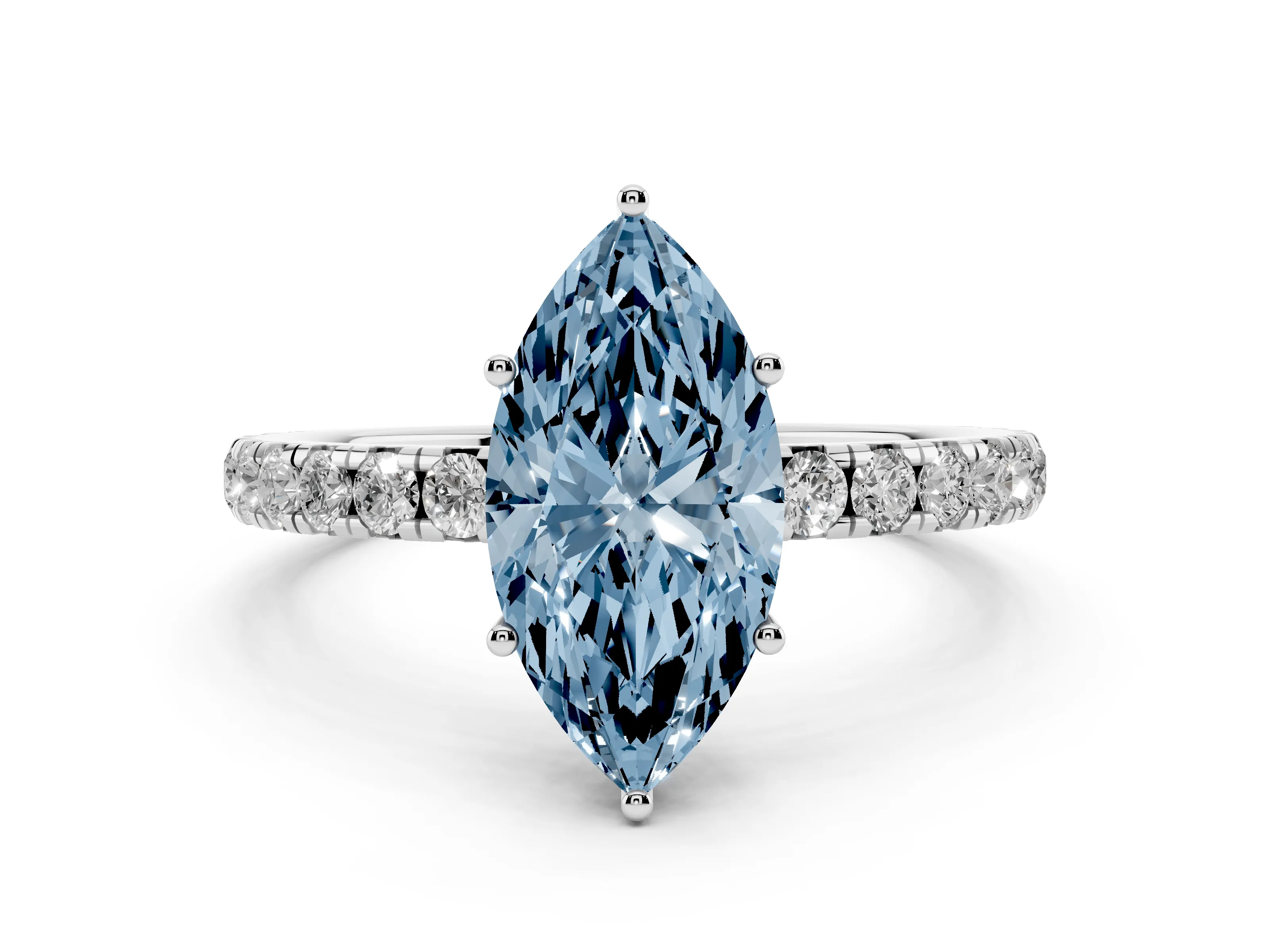 Fancy Blue Marquise Cut Diamond Pavé Solitaire Engagement Ring Set in White gold with Prong Setting