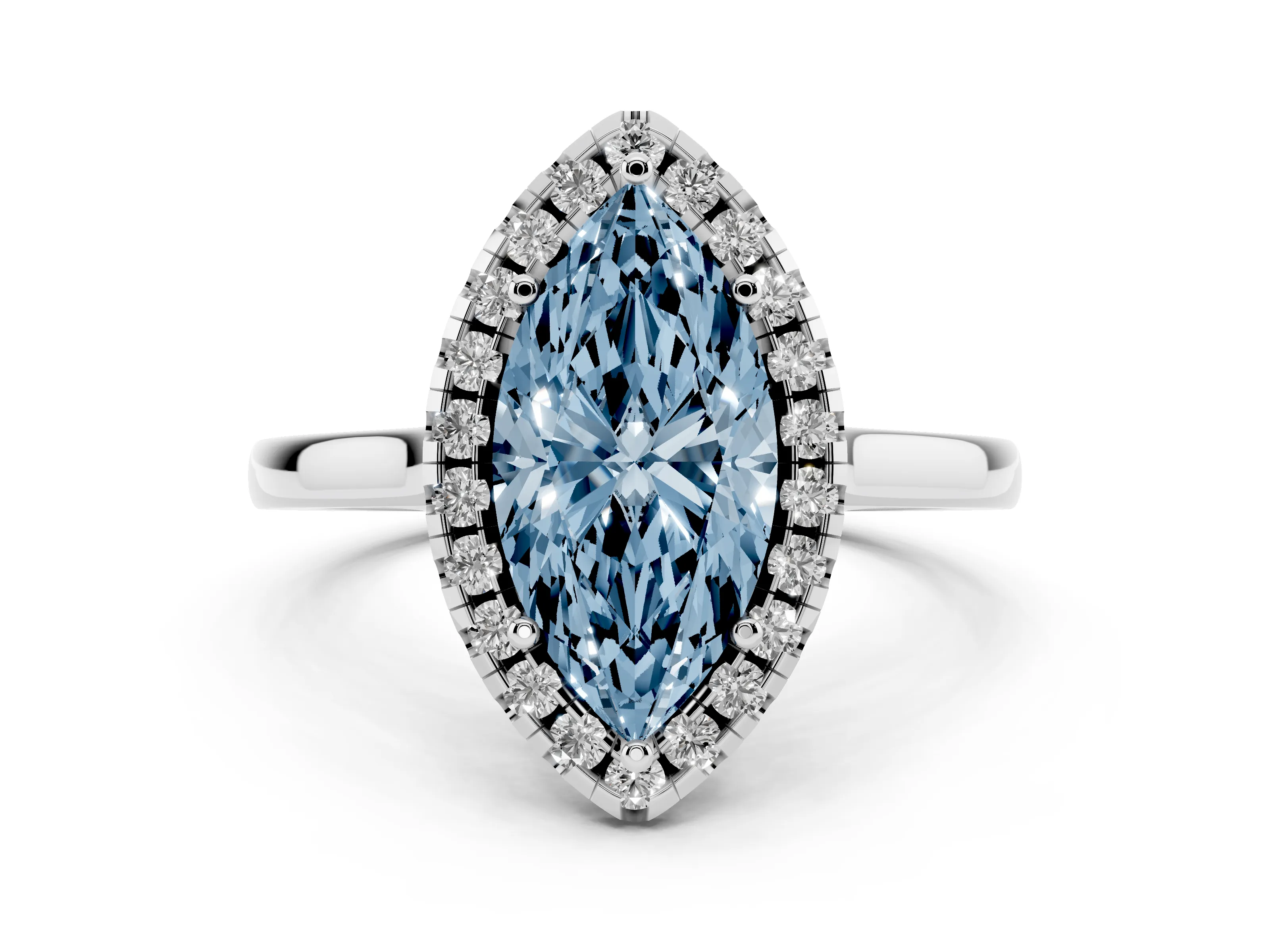 Fancy Blue Marquise Cut Halo Round Diamond Solitaire Ring Set in Platinum with Pavé Band and Prong Setting