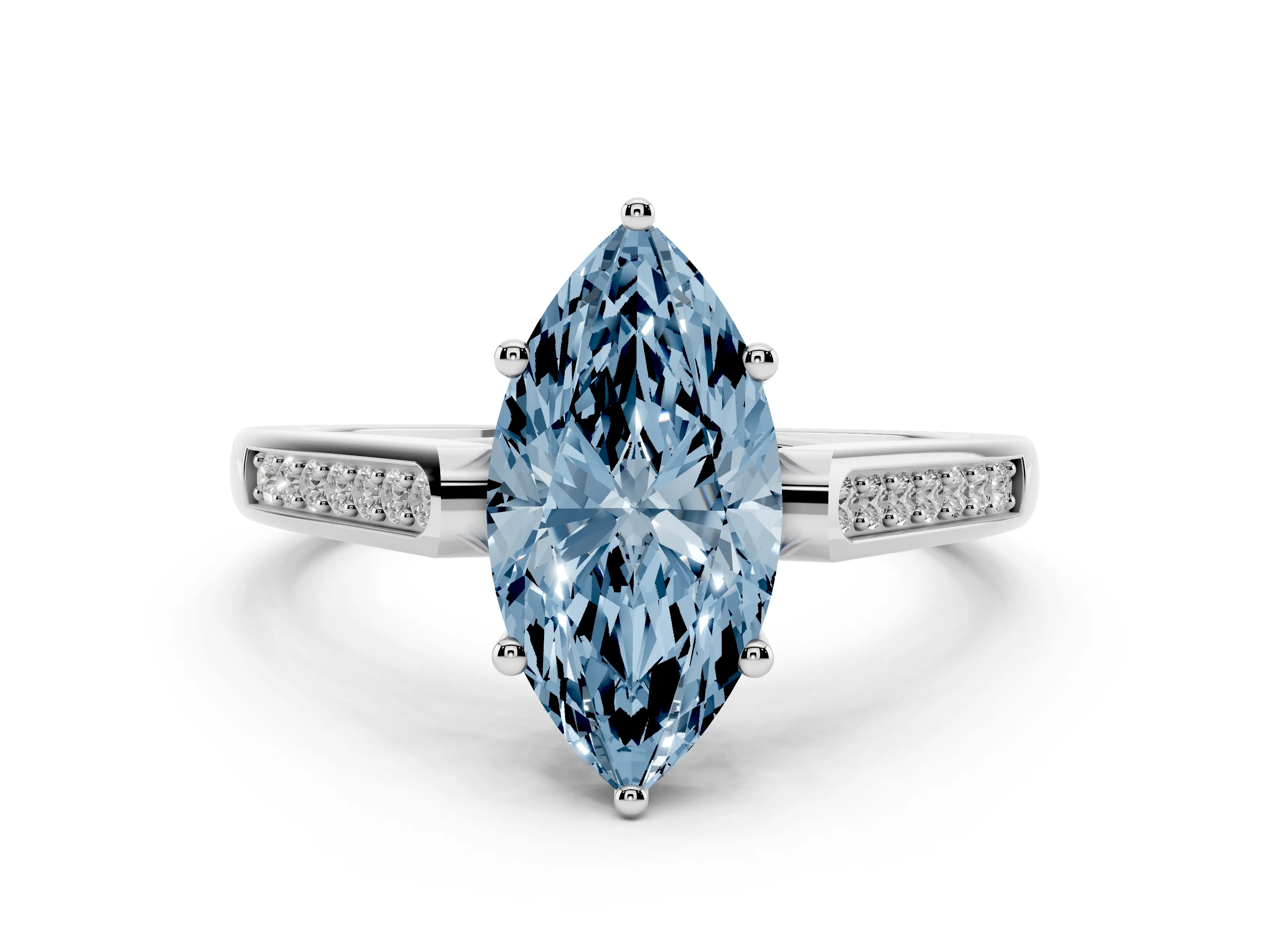 Fancy Blue Marquise Cut Diamond Solitaire Cathedral Engagement Ring Set in White gold with Channel-Set Band and Prong Setting