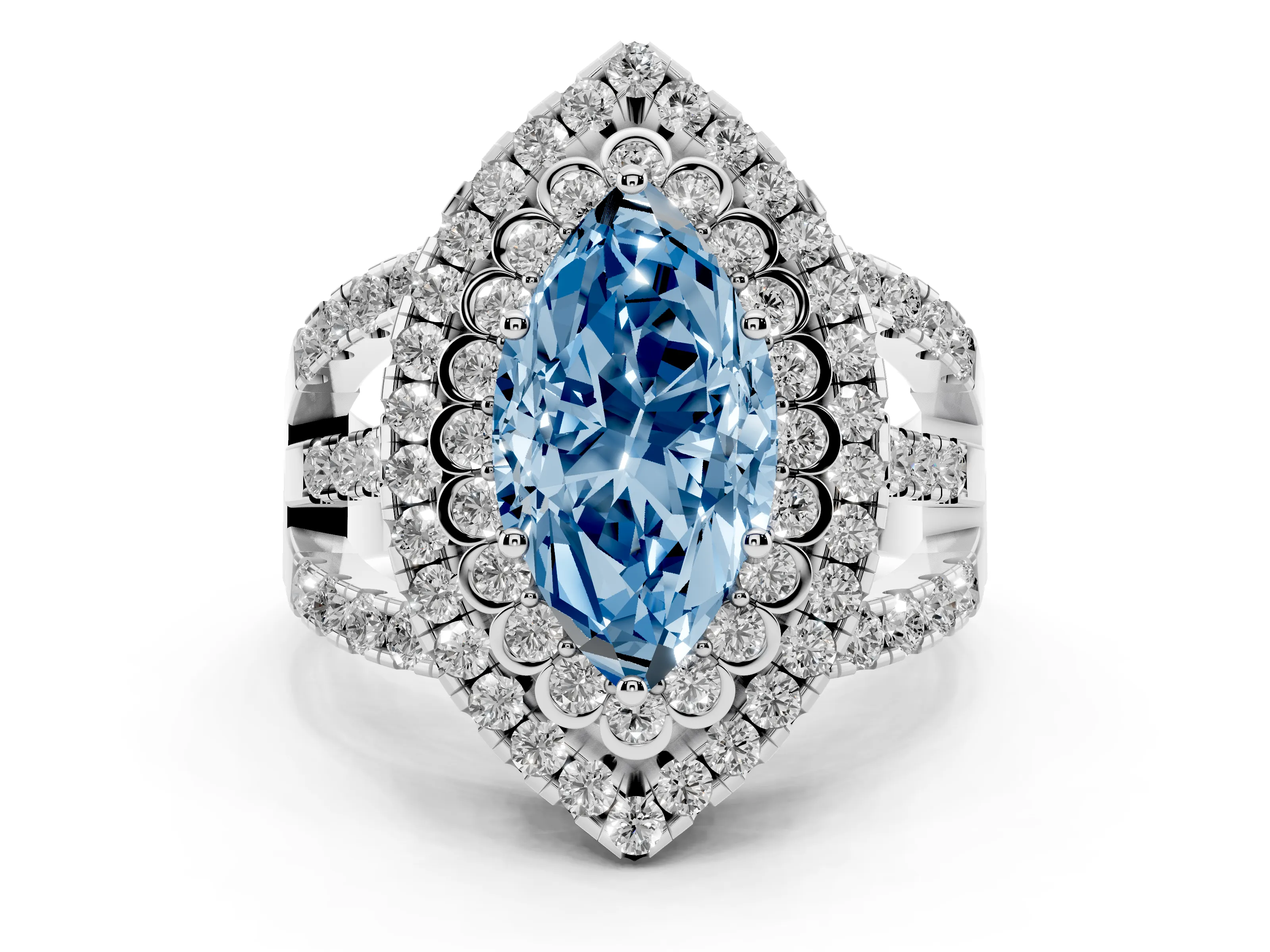 Fancy Blue Marquise Cut Diamond Double Halo Ring Set in White gold with Round Pavé Split Shank