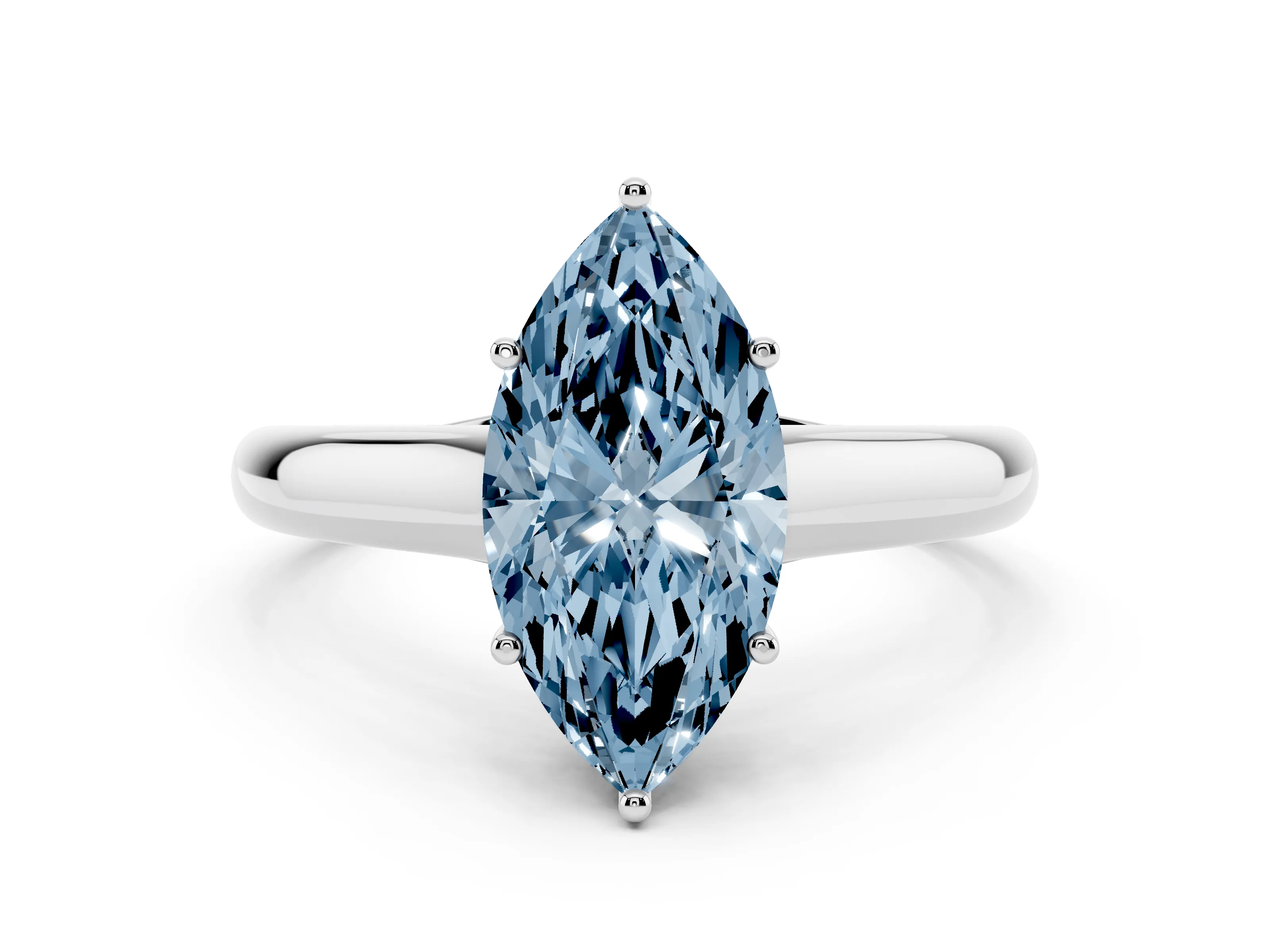 Fancy Blue Marquise Cut Diamond Solitaire Engagement Ring Set in White gold with Subtly Tapered Band and Prong Setting