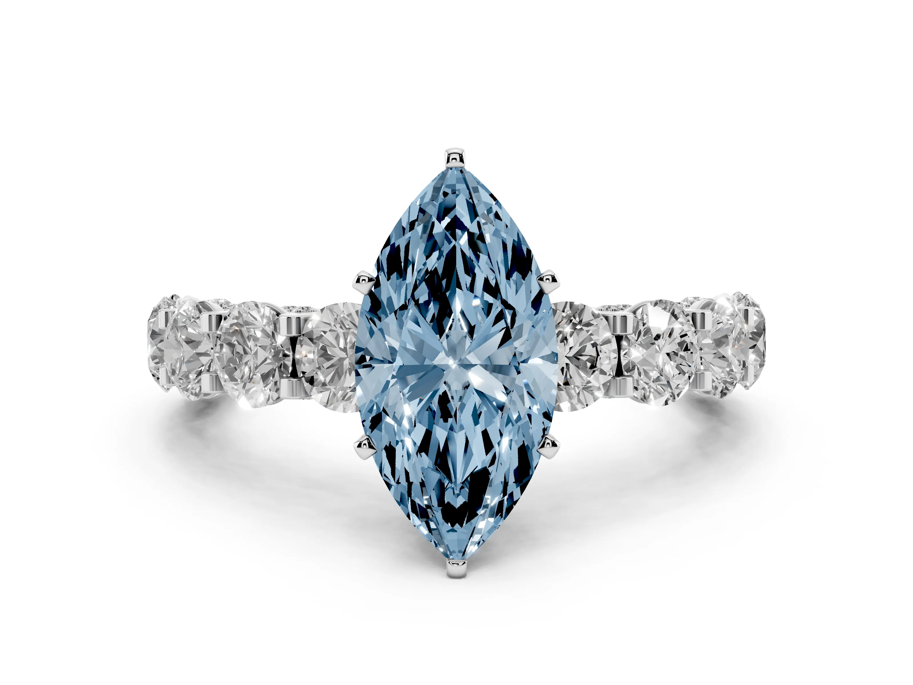 Fancy Blue Marquise Cut Diamond Side Stone Ring Set in White gold with Alternating Round and Oval Side Stones