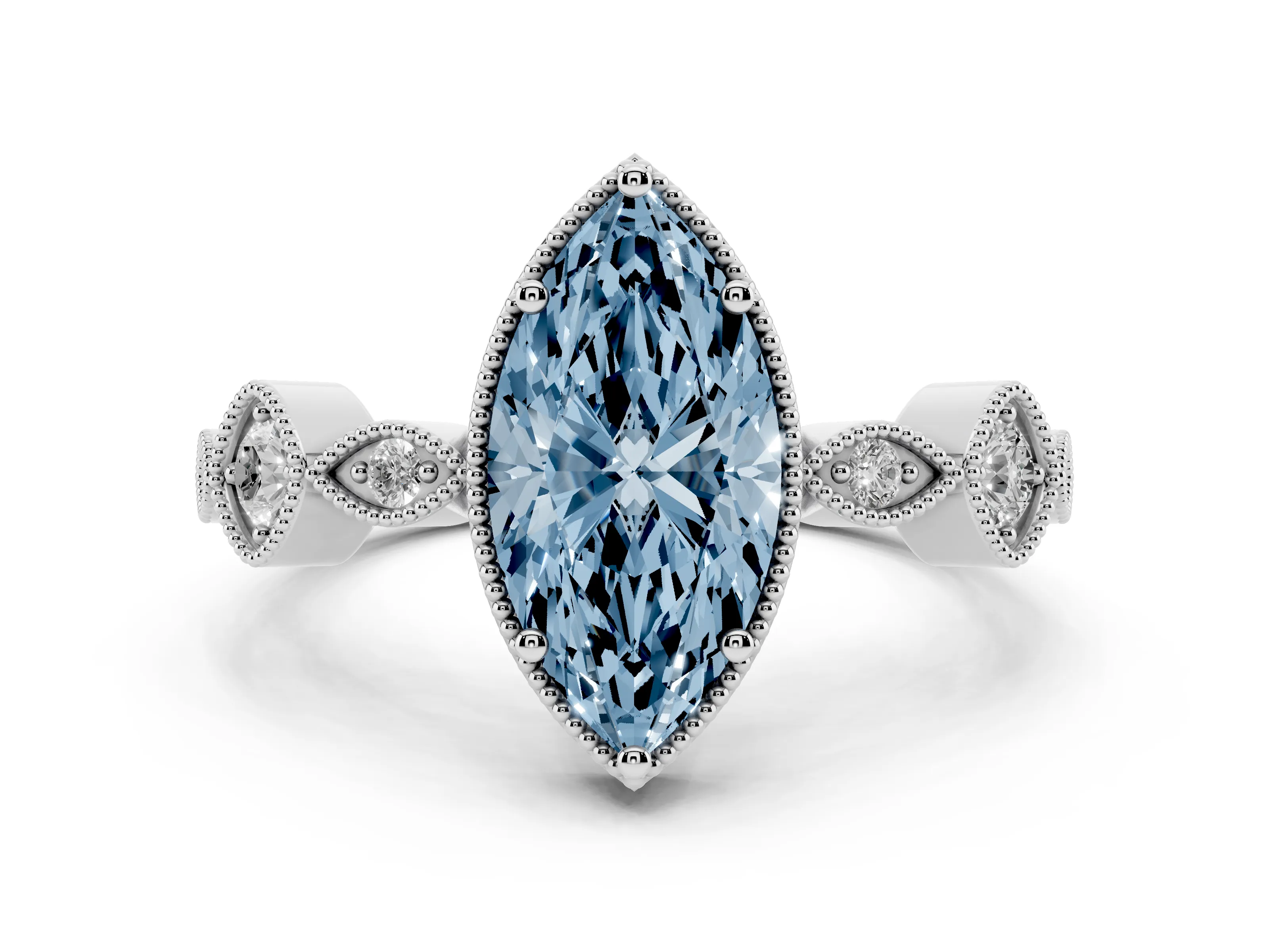 Fancy Blue Marquise Cut Diamond Vintage-Inspired Milgrain Ring Set in White gold with Marquise Stations of Round Accents