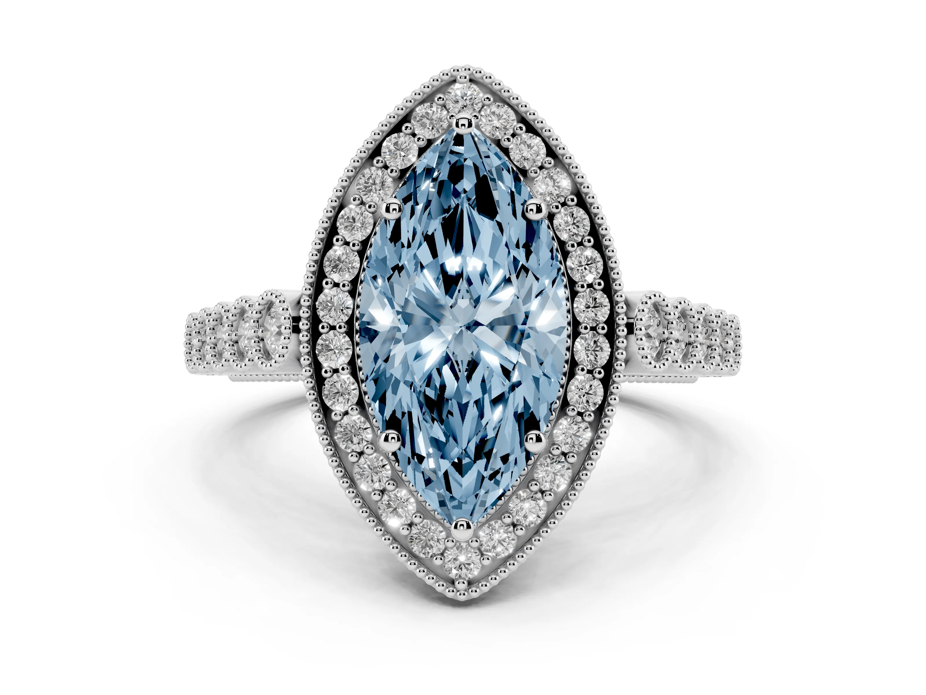 Fancy Blue Marquise Cut Diamond Milgrain Halo Solitaire Ring Set in Platinum with Bezel Set Side Stones and Pavé Band