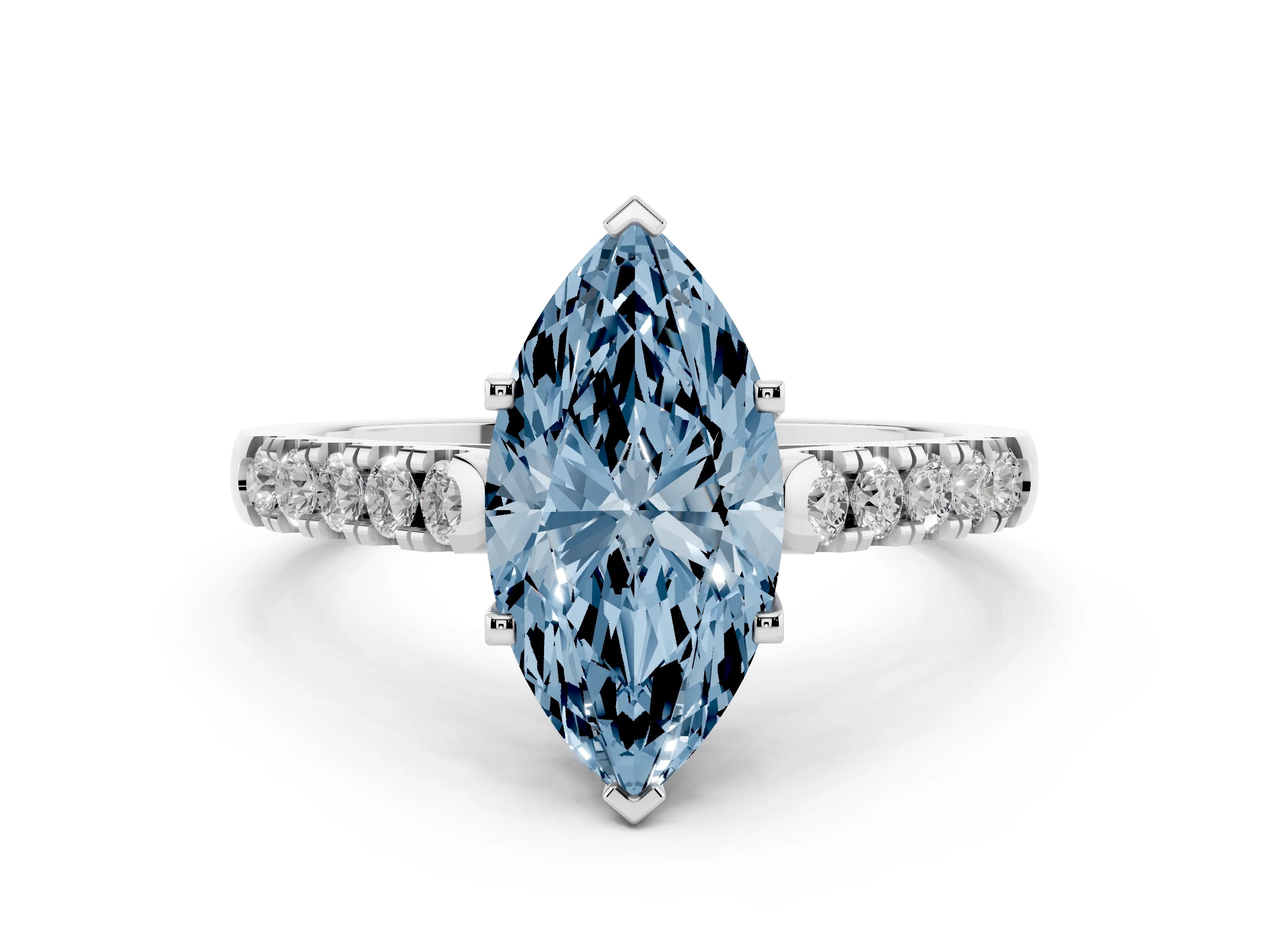 Fancy Blue Marquise Cut Diamond Pavé Band Solitaire Ring Set in White gold with Partway Accent Stones and Prong Setting