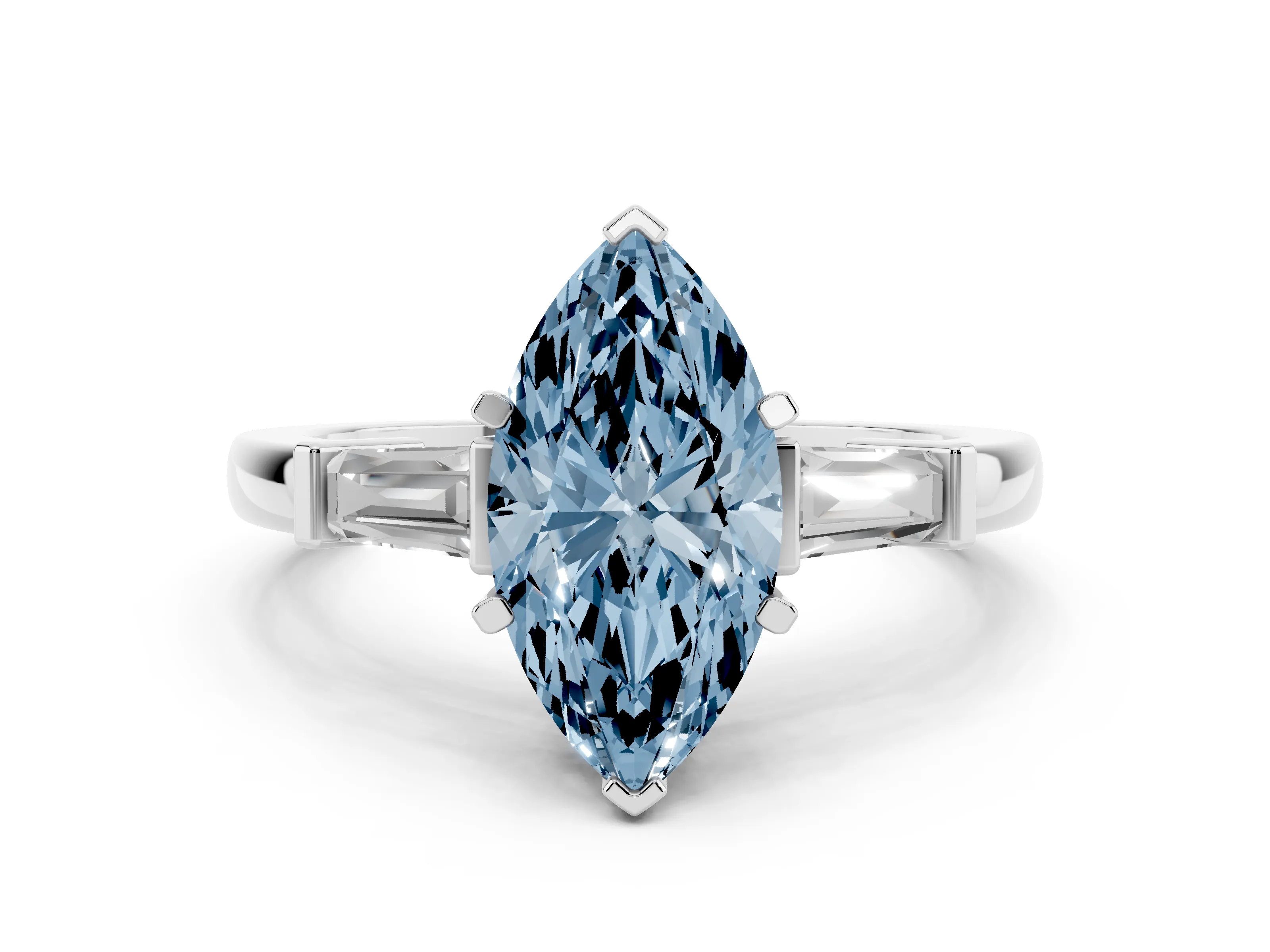 Fancy Blue Marquise Cut Diamond Solitaire Ring Set in White gold with Tapered Baguette Accents and Prong Setting