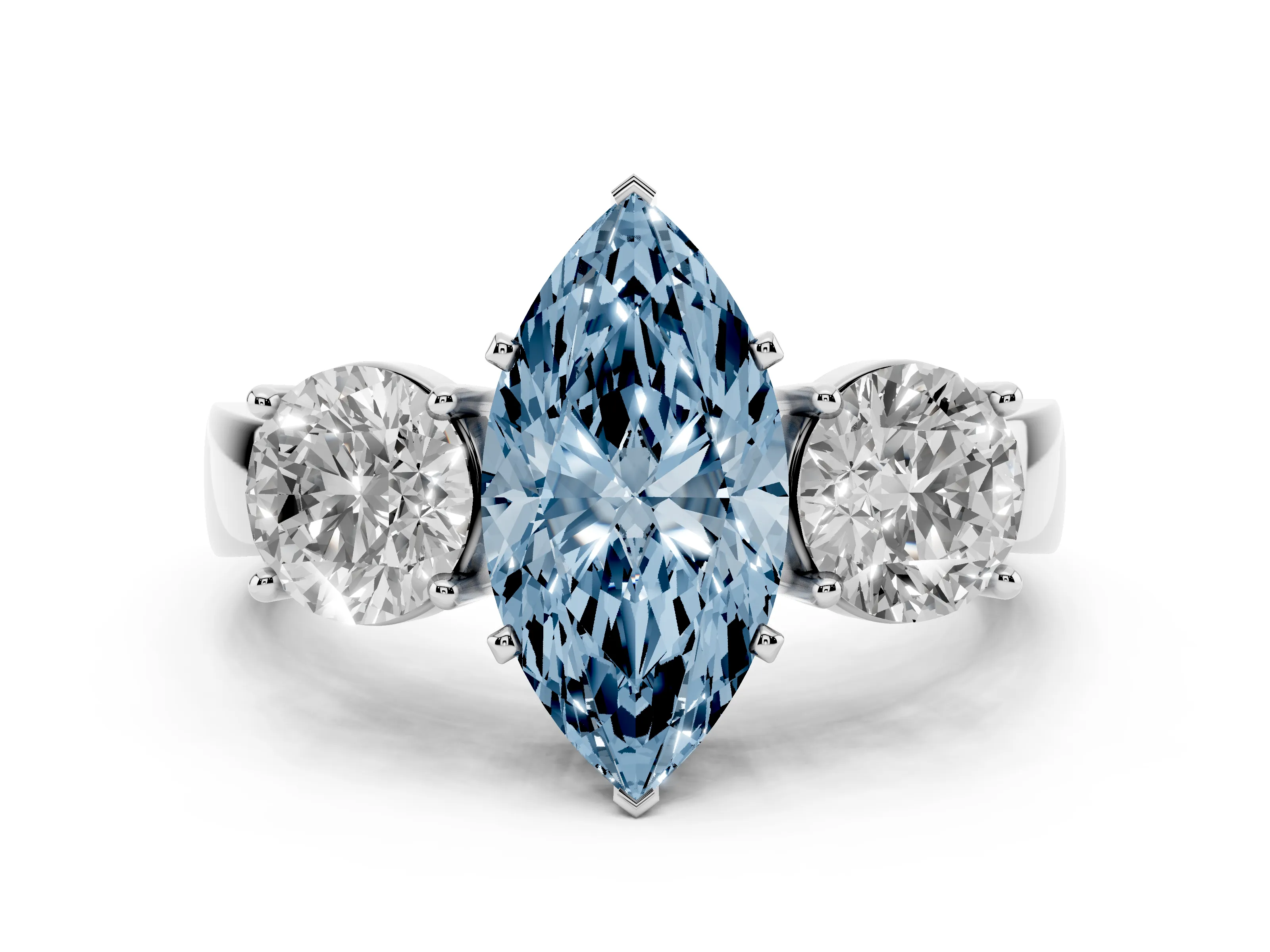 Fancy Blue Marquise Cut Diamond Three-Stone Ring Set in Platinum with Round Side Stones and Classic Band