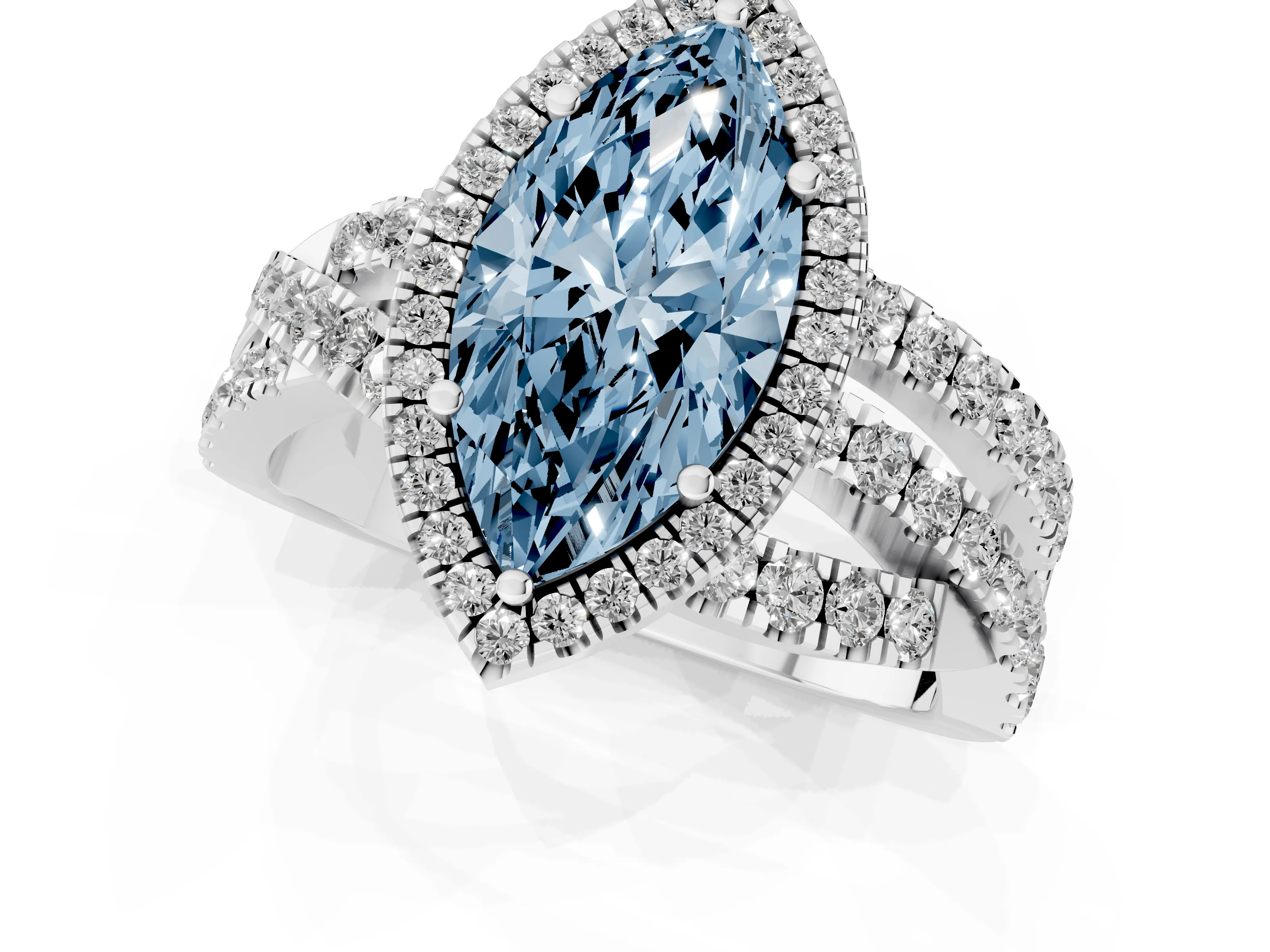 Fancy Blue Marquise Cut Diamond Halo Ring Set in White gold with Round Crossover Split Shank and Prong Setting